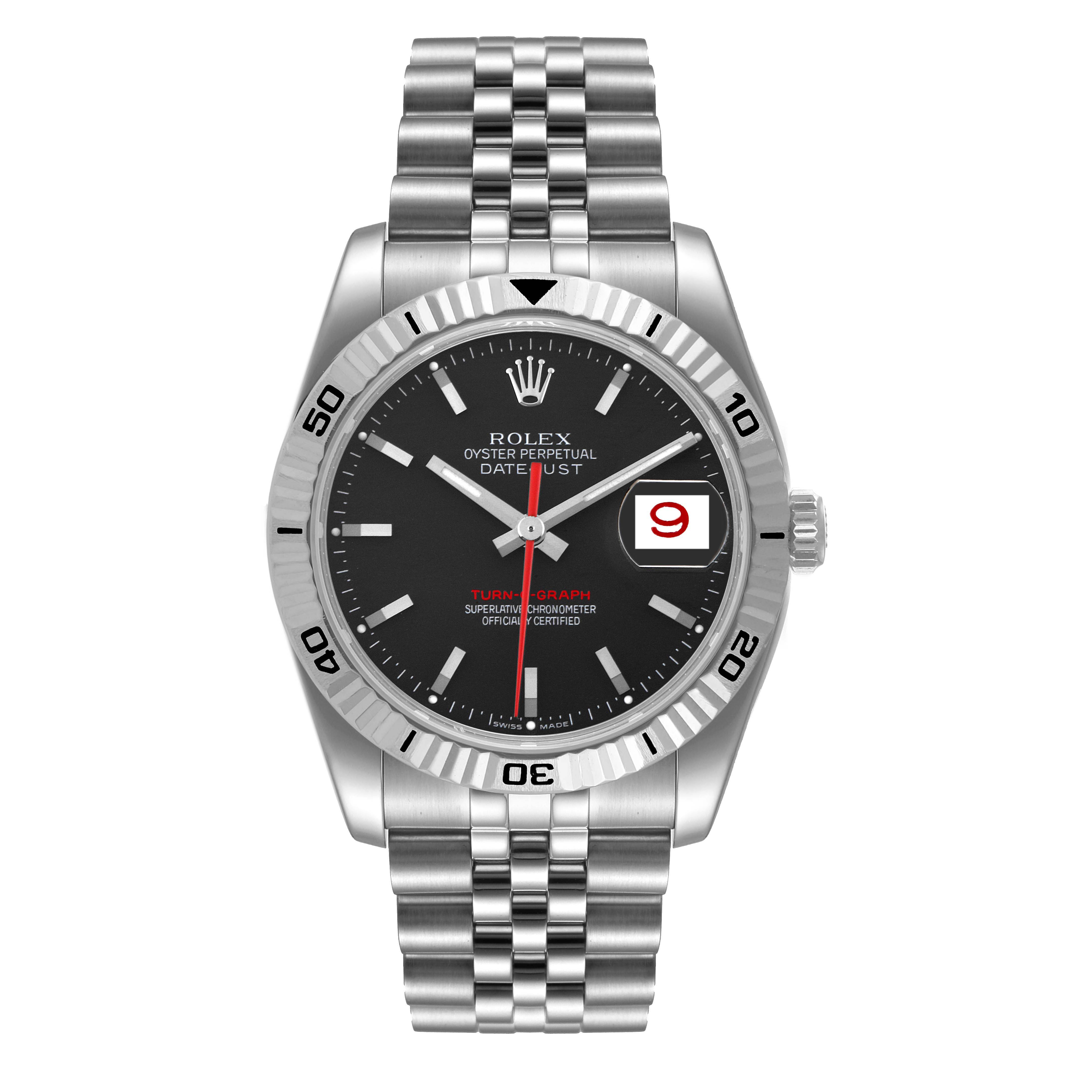 The Rolex Turn-o-Graph 116264 Men's Stainless Steel Black Dial 116264 Men's Stainless Steel Black Dial watch is shown from a top-down angle, highlighting the face, bezel, and bracelet.
