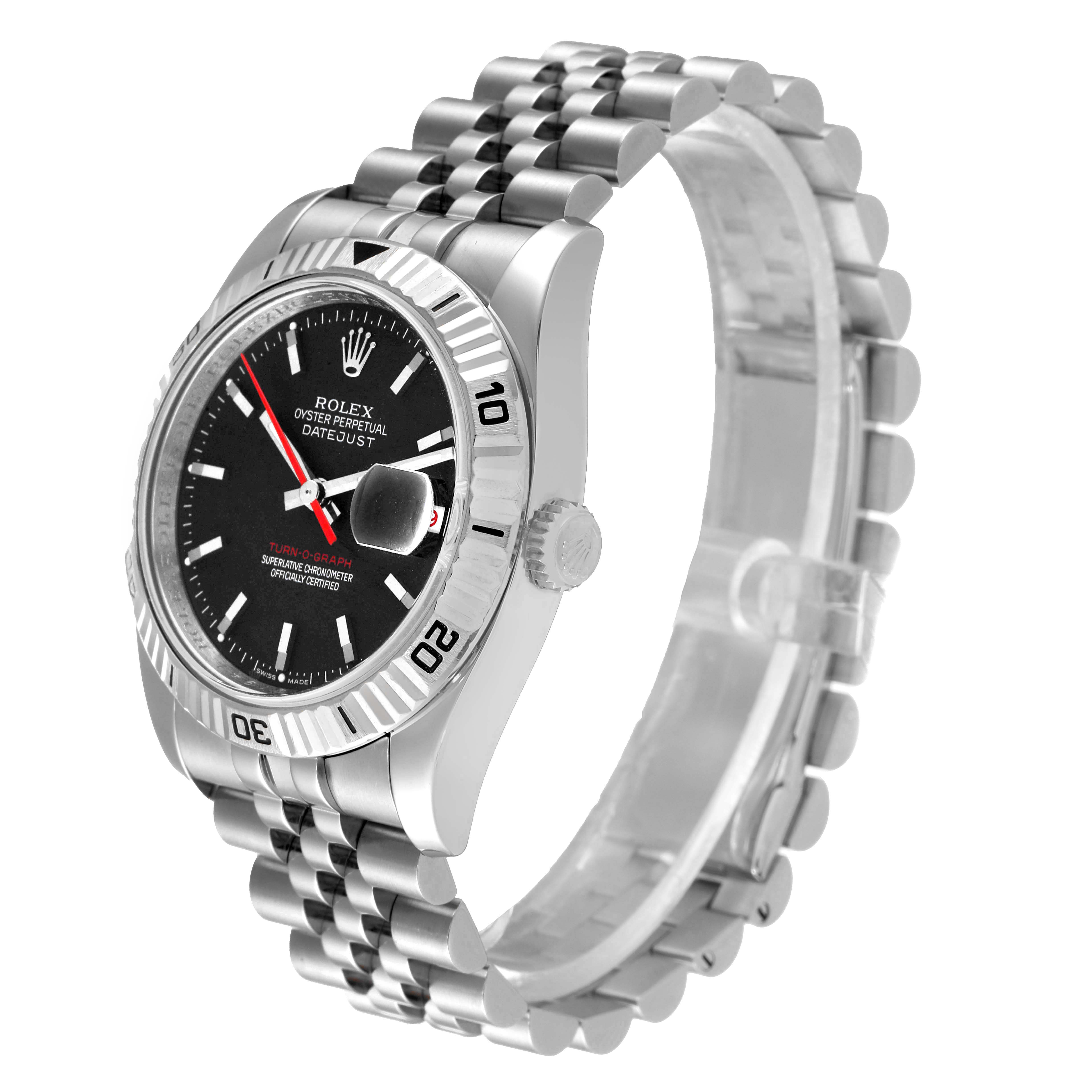 The image shows a side and front angle of the Rolex Turn-o-Graph 116264 Men's Stainless Steel Black Dial 116264 Men's Stainless Steel Black Dial watch, highlighting its bezel, dial, bracelet, and crown.