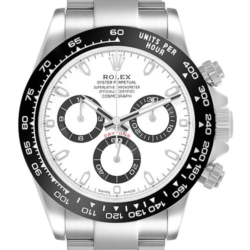 The Rolex Daytona M116500LN-0001 Men's Stainless Steel White Dial watch is shown from a front angle, displaying its face, bezel, pushers, and crown.