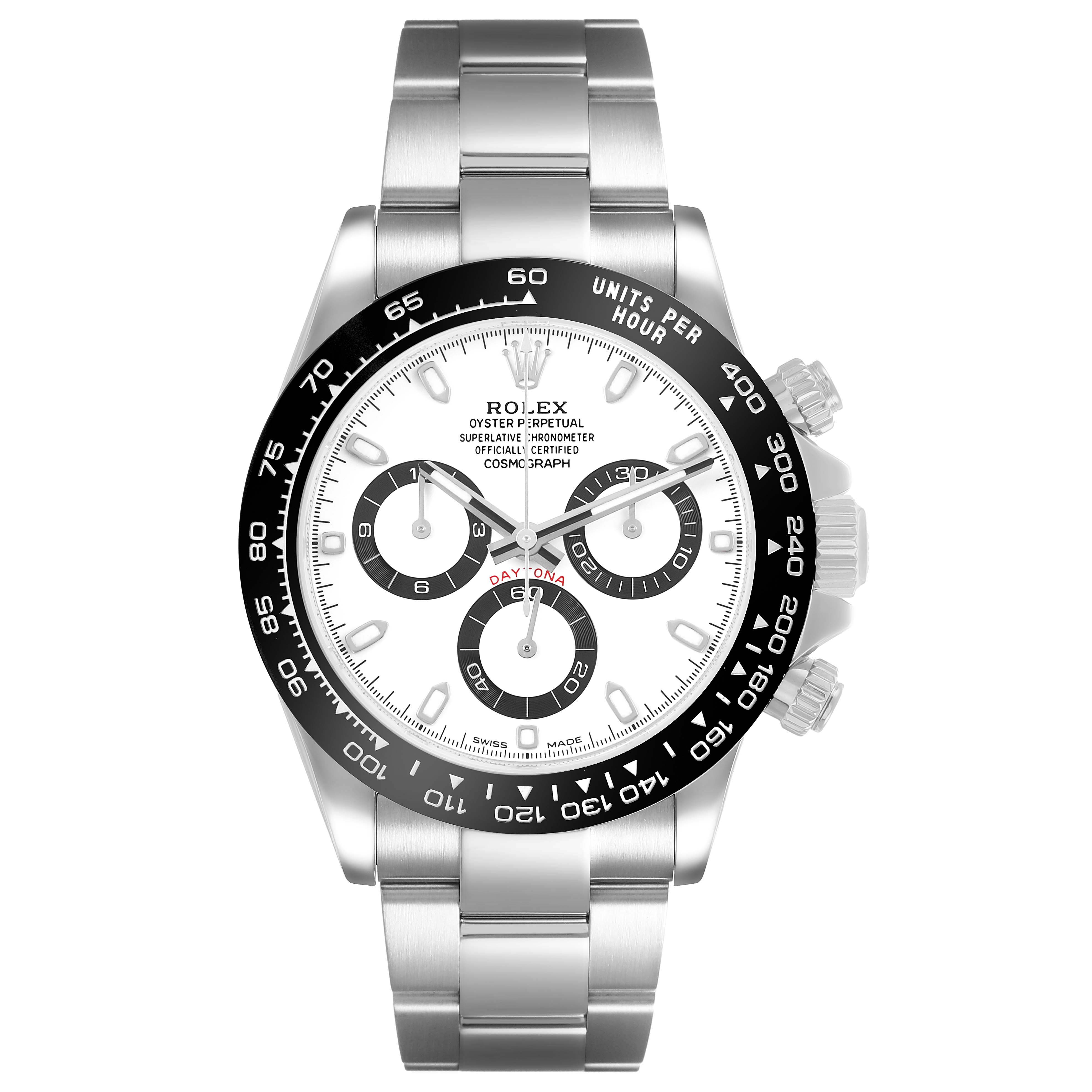 The Rolex Daytona M116500LN-0001 Men's Stainless Steel White Dial watch is shown from a front view, highlighting the face, bezel, and bracelet.