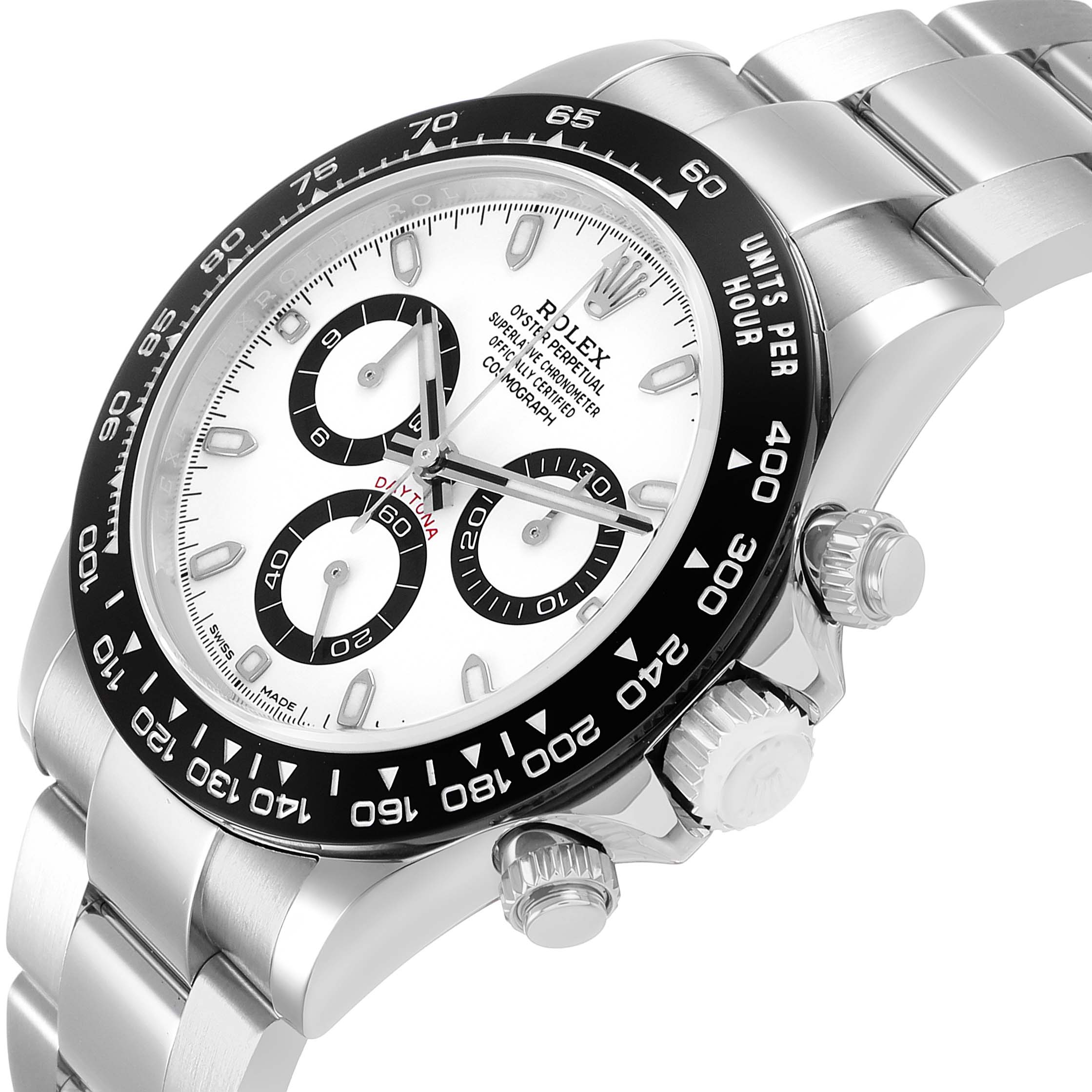 The Rolex Daytona M116500LN-0001 Men's Stainless Steel White Dial watch is shown at an angle highlighting the face, bezel, and side pushers.