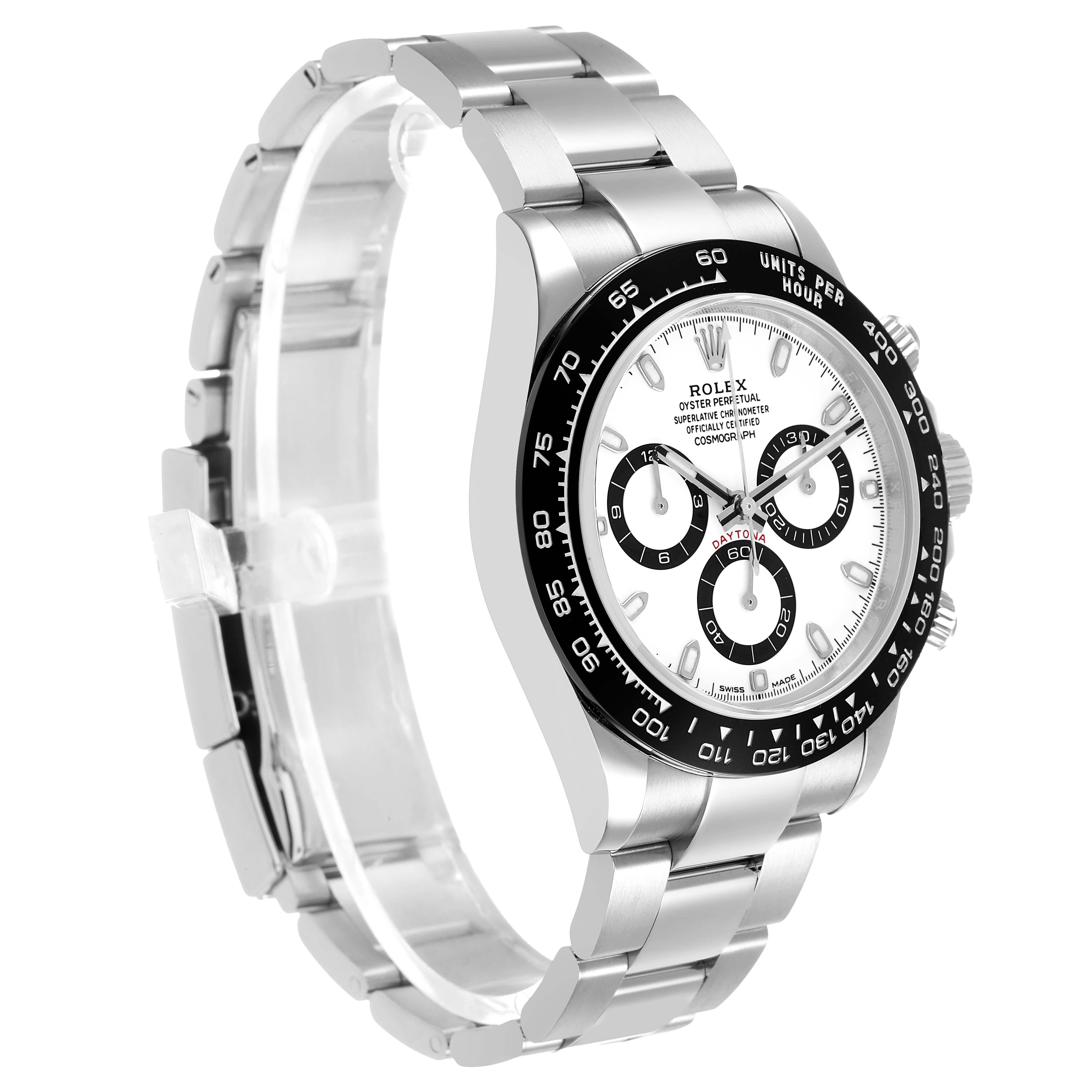 The Rolex Daytona M116500LN-0001 Men's Stainless Steel White Dial watch is shown at a three-quarter angle, highlighting its face, bezel, and metal bracelet.