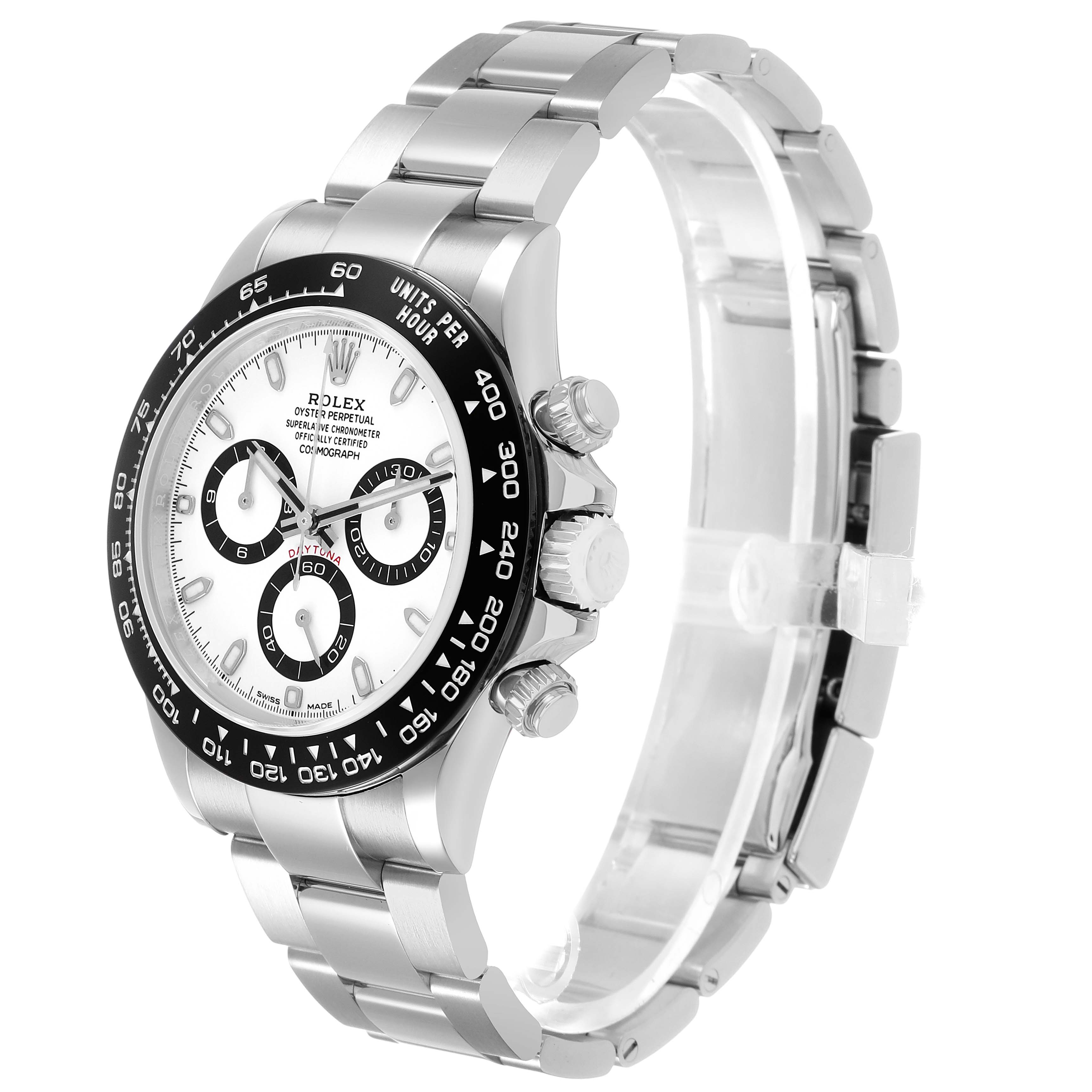 The Rolex Daytona M116500LN-0001 Men's Stainless Steel White Dial watch is shown at a three-quarter angle, highlighting the bezel, dial, and bracelet.