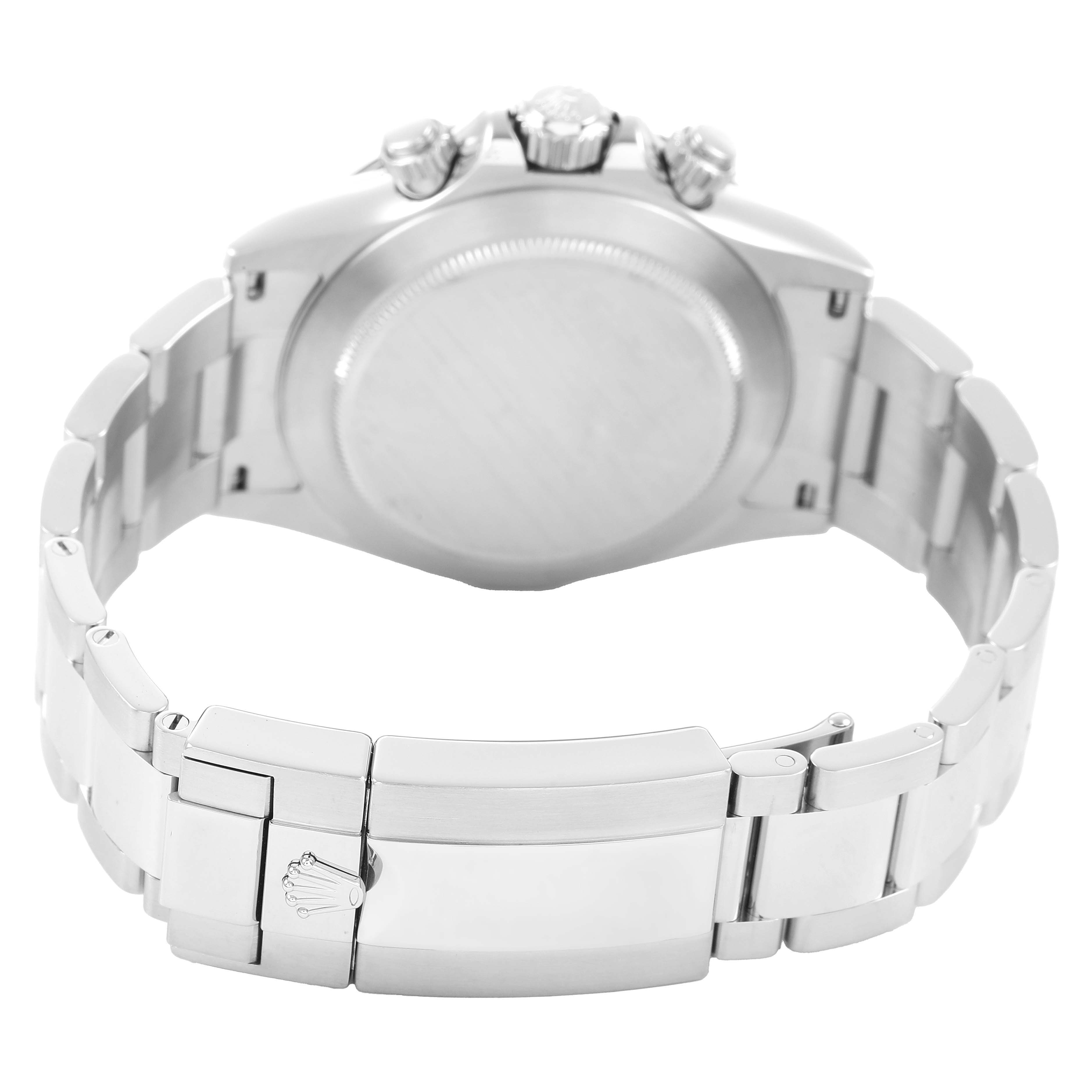 The image shows the back view of a Rolex Daytona M116500LN-0001 Men's Stainless Steel White Dial watch, highlighting the clasp and bracelet links.