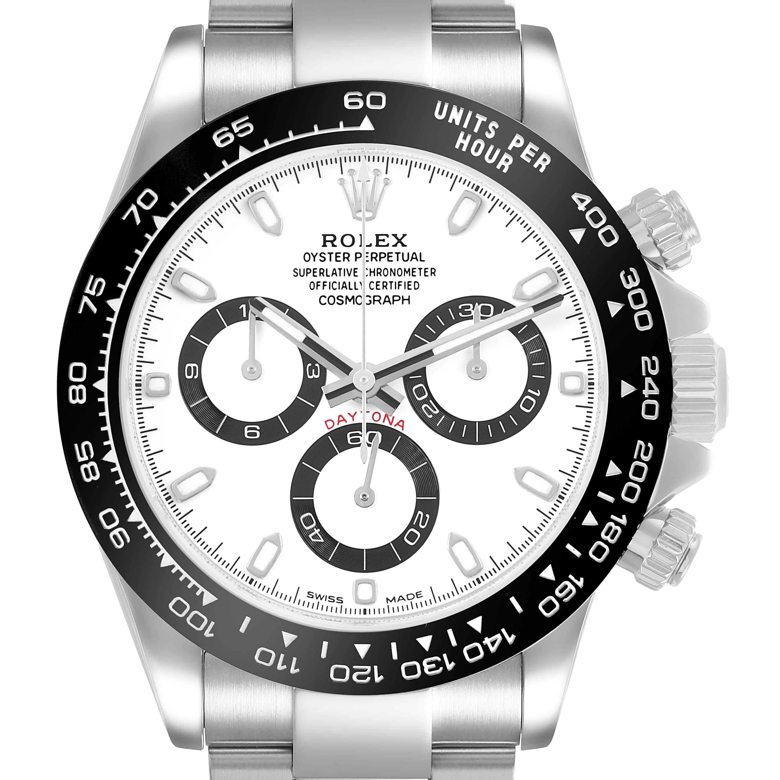 The Rolex Daytona M116500LN-0001 Men's Stainless Steel White Dial watch is shown from a front angle, displaying the bezel, dial, subdials, and crown.
