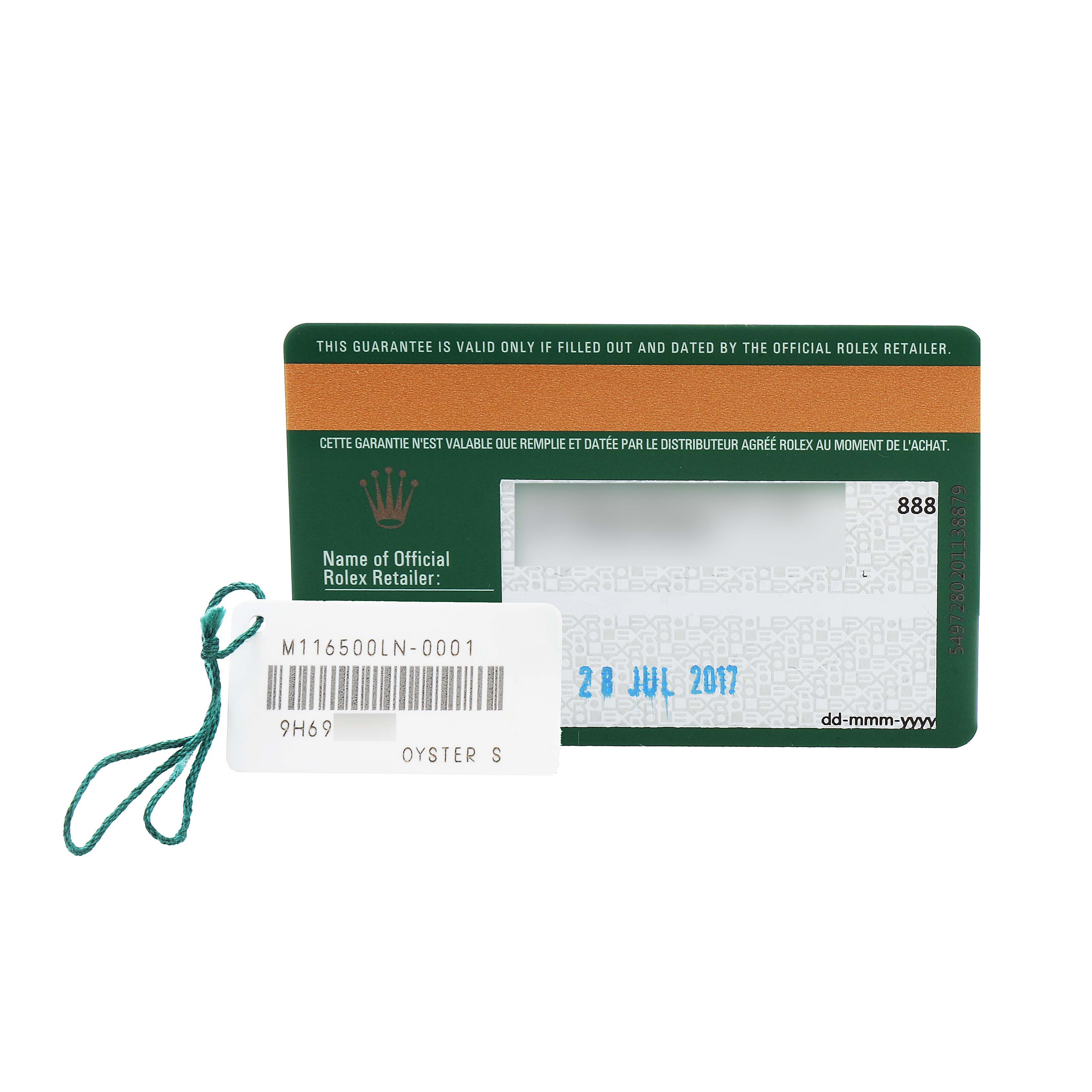 The image shows a Rolex Daytona M116500LN-0001 Men's Stainless Steel White Dial warranty card and tag with model details, viewed from above.