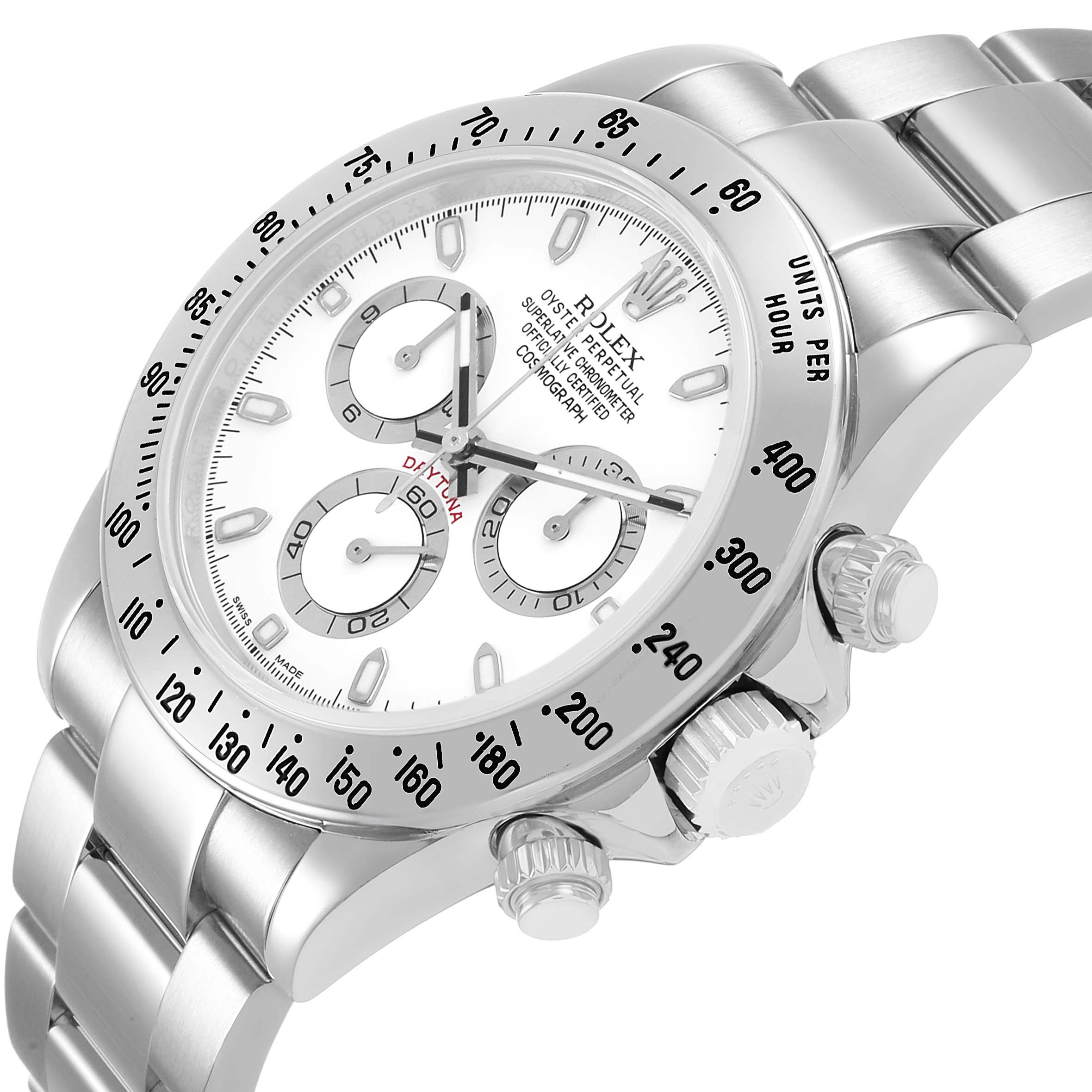 The Rolex Daytona 116520 Men's Stainless Steel White Dial watch is shown at an angle highlighting the dial, bezel, crown, and bracelet.