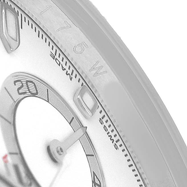 The image shows a close-up of the dial and bezel of a Rolex Daytona 116520 Men's Stainless Steel White Dial watch, highlighting the subdial and part of the tachymetric scale.