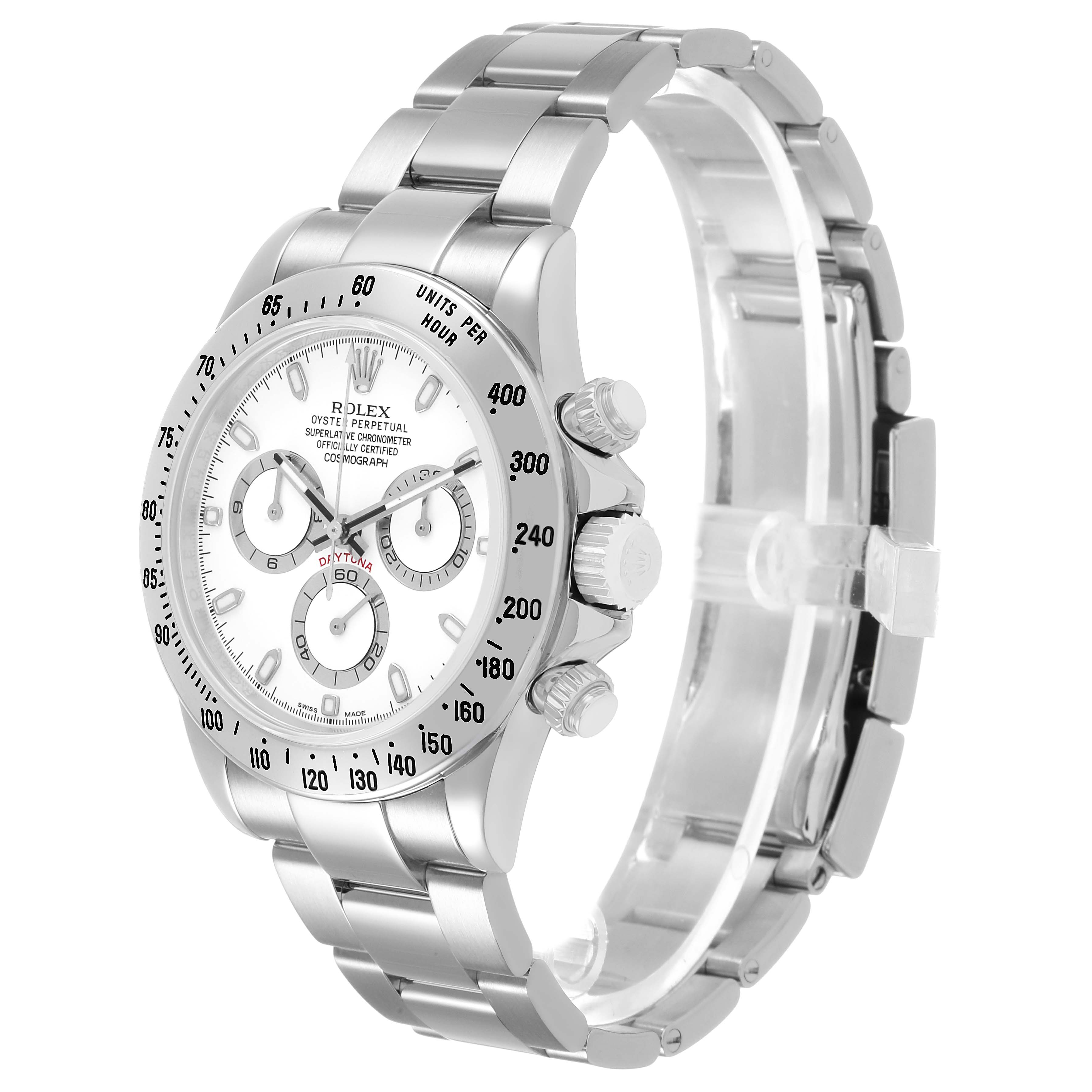 The Rolex Daytona 116520 Men's Stainless Steel White Dial watch is shown from a front-right angle, highlighting the bracelet, bezel, dial, and pushers.