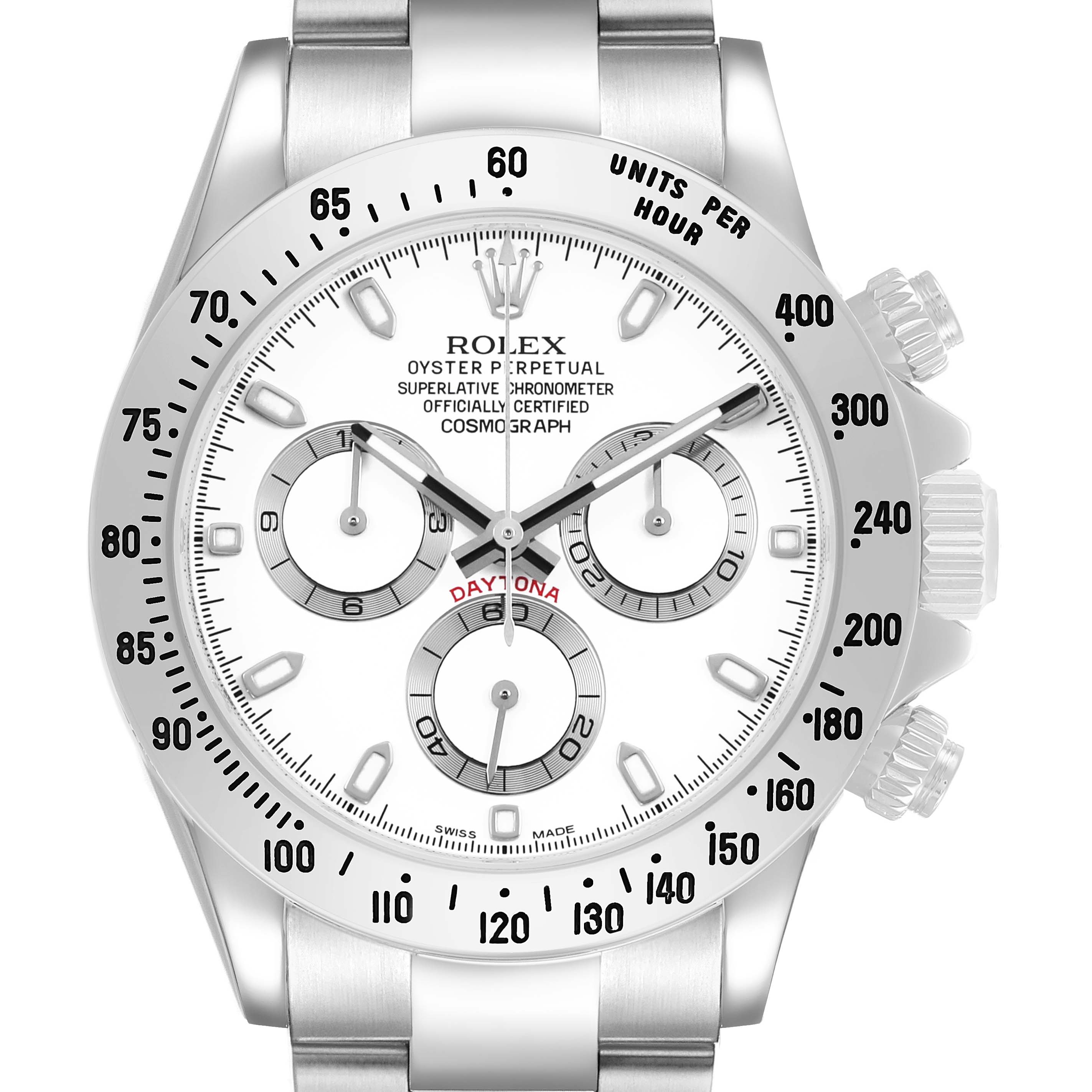 The Rolex Daytona 116520 Men's Stainless Steel White Dial watch is shown from the front, highlighting its dial, bezel, and pushers.
