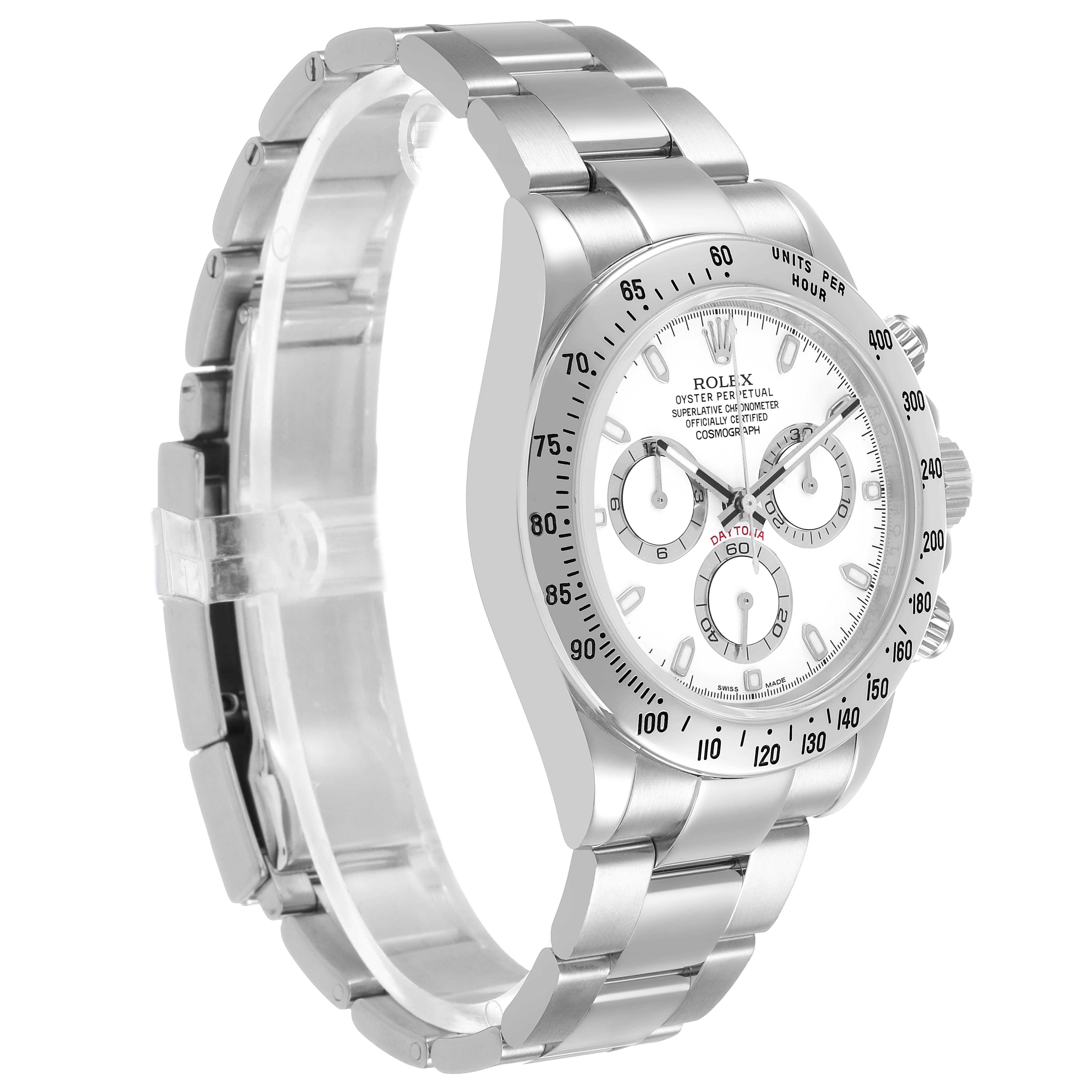 The image shows the Rolex Daytona 116520 Men's Stainless Steel White Dial watch from a side angle, displaying the face, bezel, and stainless steel bracelet.