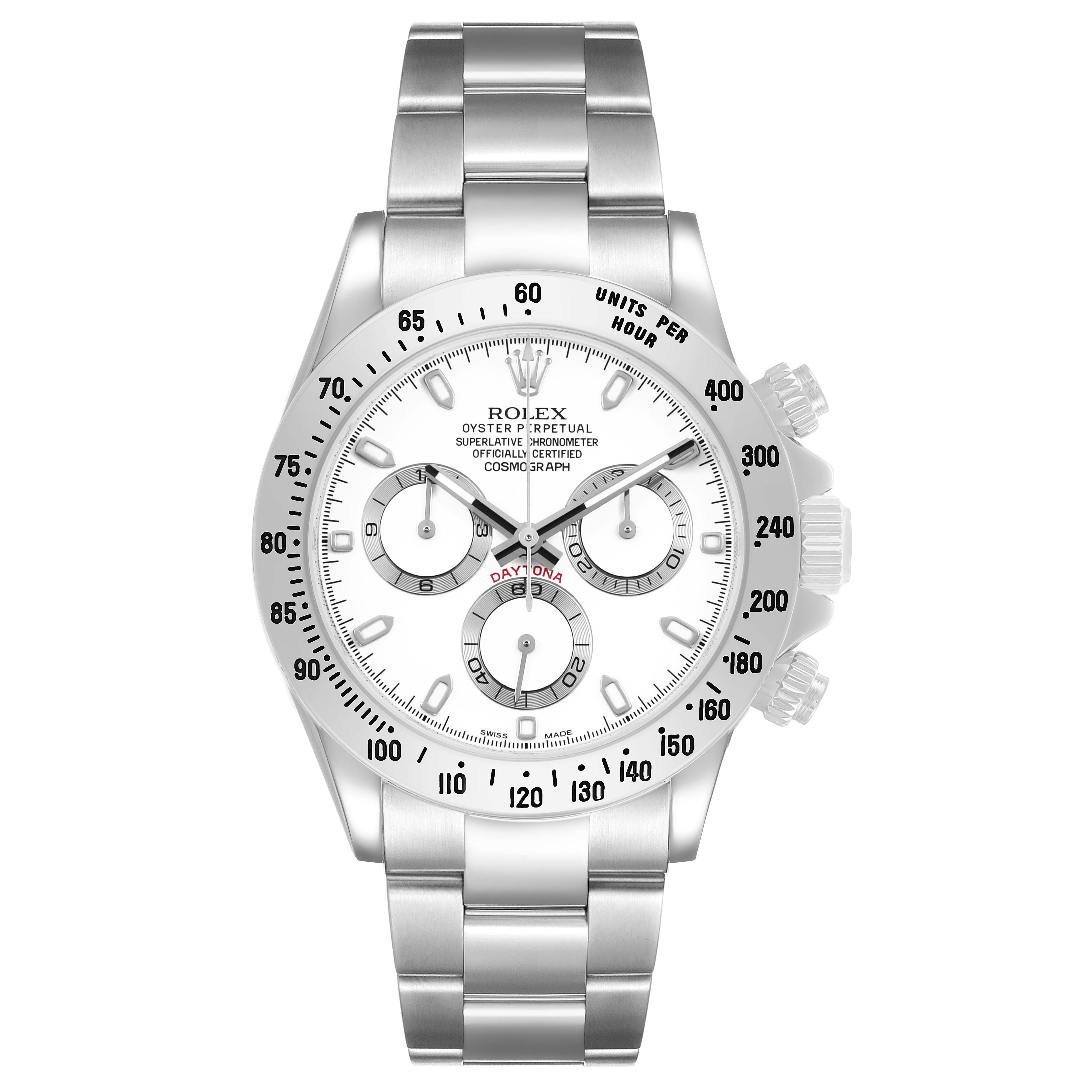 The Rolex Daytona 116520 Men's Stainless Steel White Dial watch is shown from the front, displaying the dial, bezel, and bracelet.