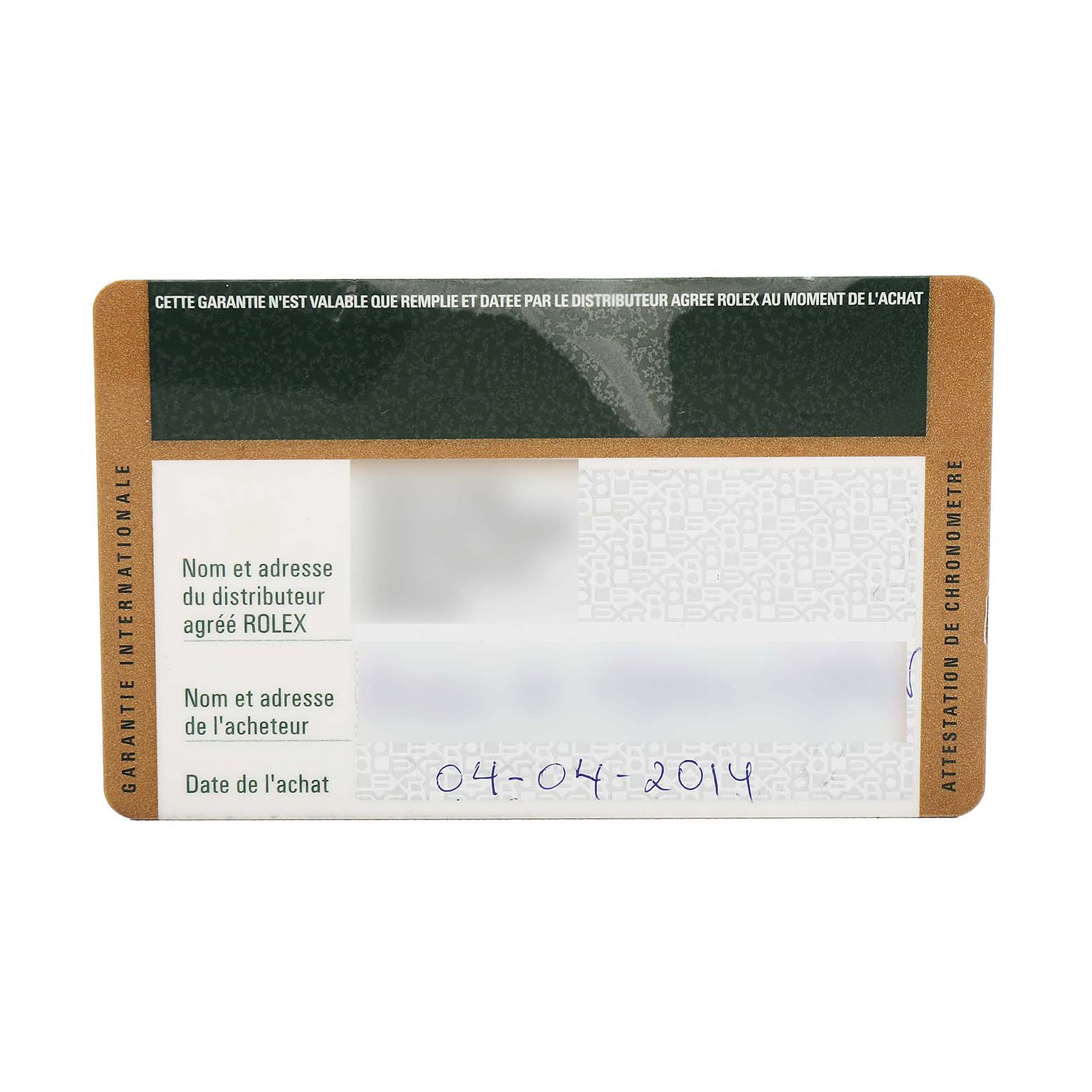 The image shows a warranty card for a Rolex Daytona 116520 Men's Stainless Steel White Dial watch, including purchase date and distributor details.