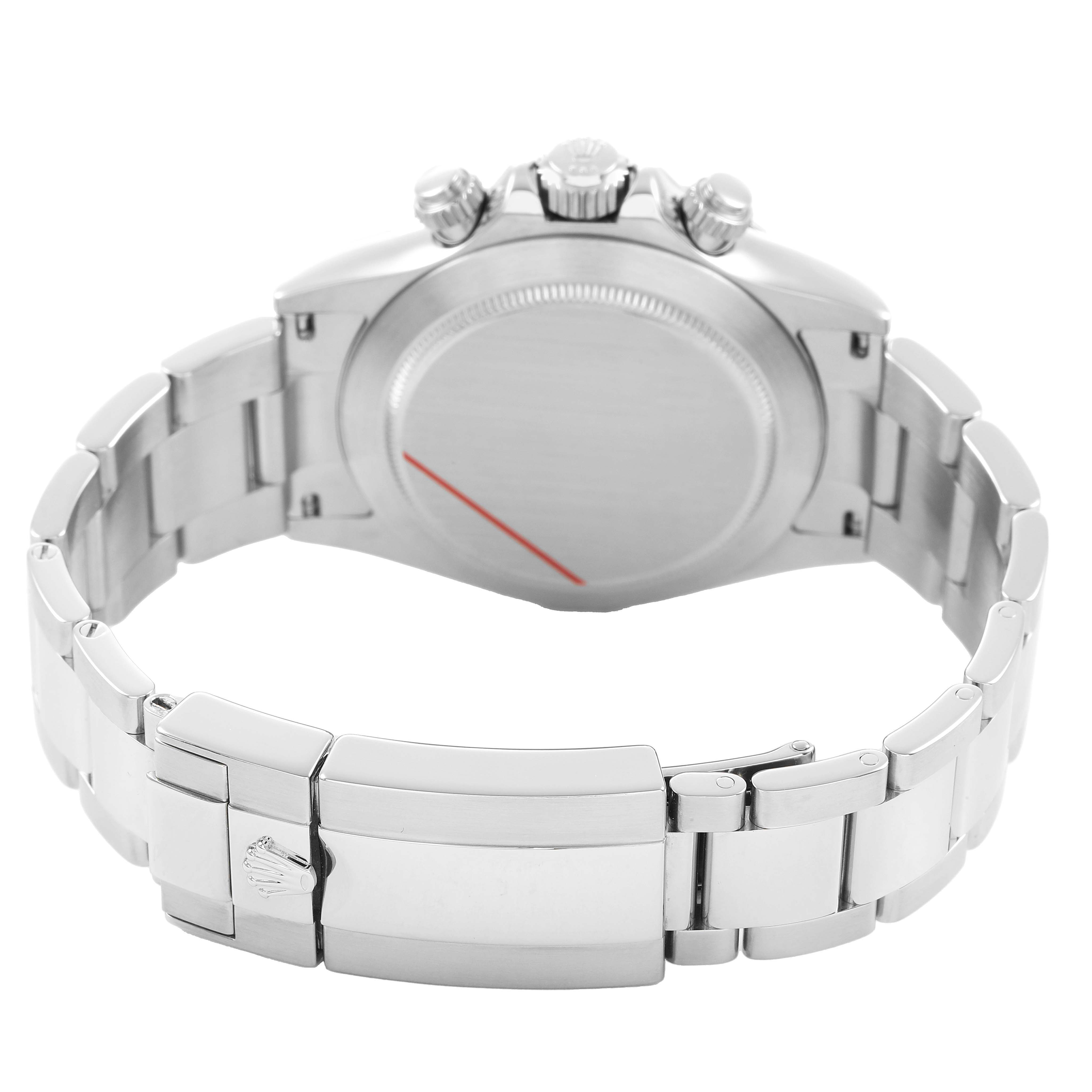 The image shows the back of a Rolex Daytona 116520 Men's Stainless Steel White Dial watch, highlighting the clasp, bracelet, and caseback from a rear angle.