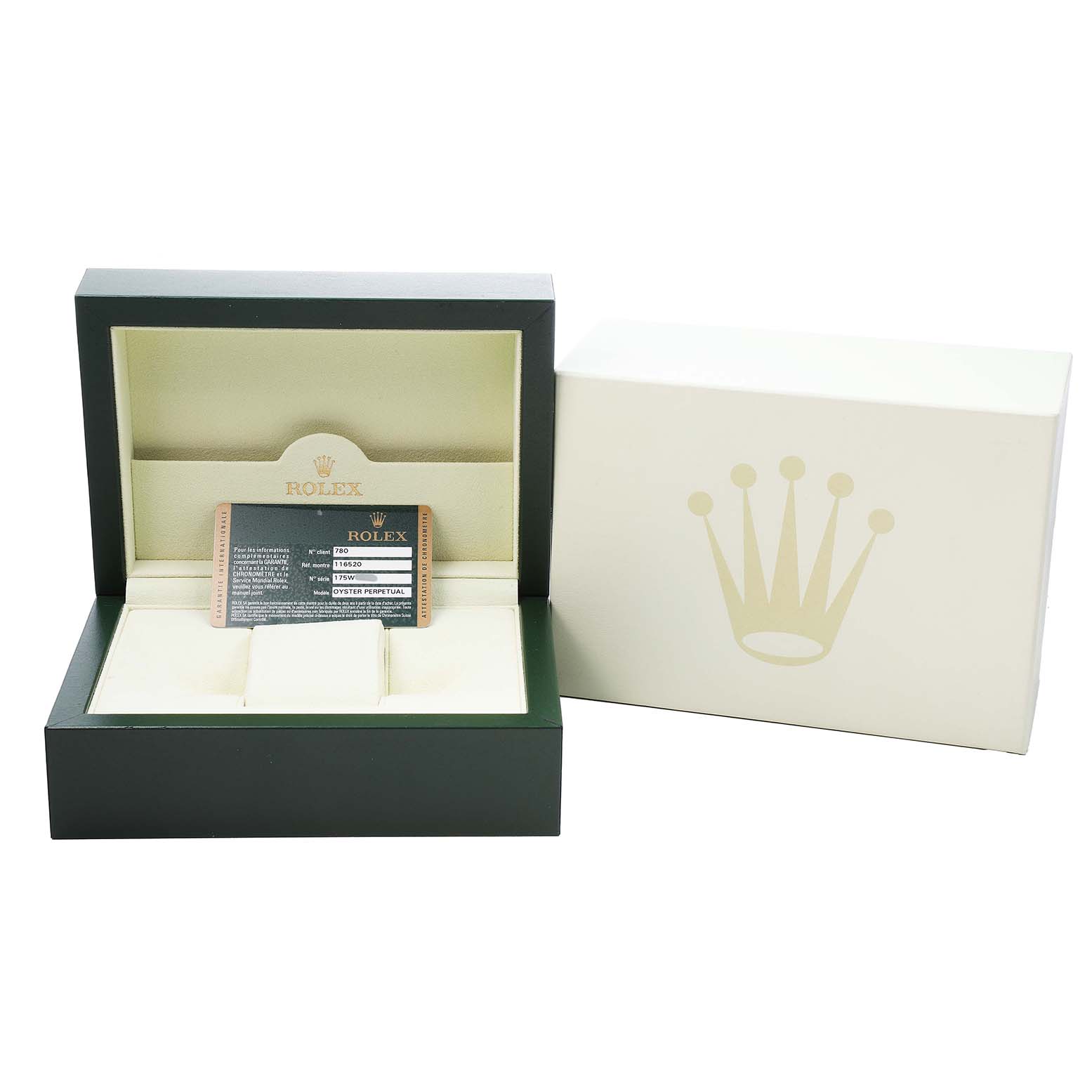The image shows an open Rolex Daytona 116520 Men's Stainless Steel White Dial watch box with a warranty card, alongside the branded outer box.