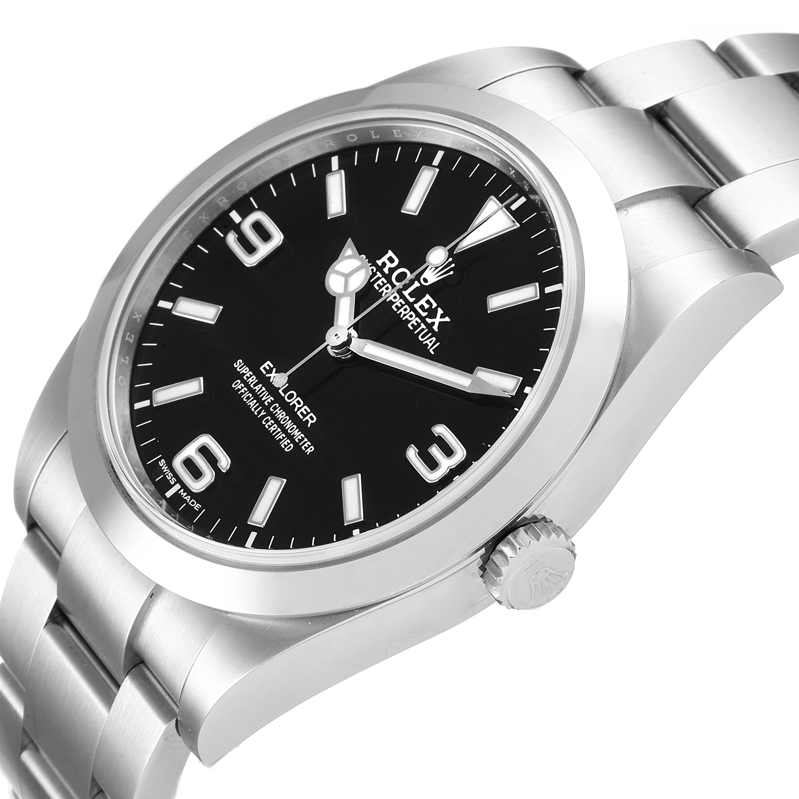 The image shows a side view of a Rolex Explorer 214270 Men's Stainless Steel Black Dial 214270 Men's Stainless Steel Black Dial watch, focusing on the dial, bezel, bracelet, and crown logo.
