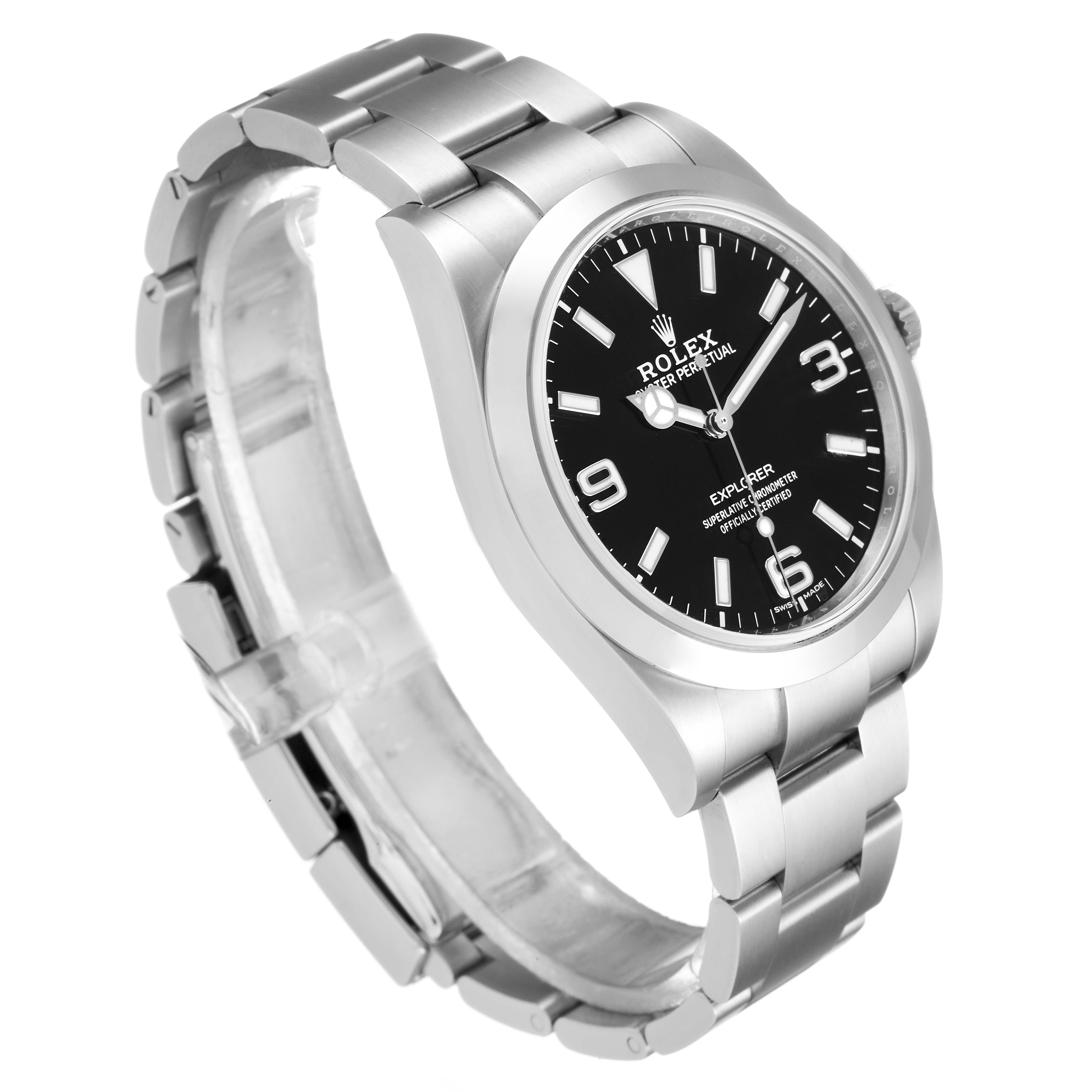 This image shows a side angle of the Rolex Explorer 214270 Men's Stainless Steel Black Dial 214270 Men's Stainless Steel Black Dial watch, highlighting the bracelet, case, and dial.