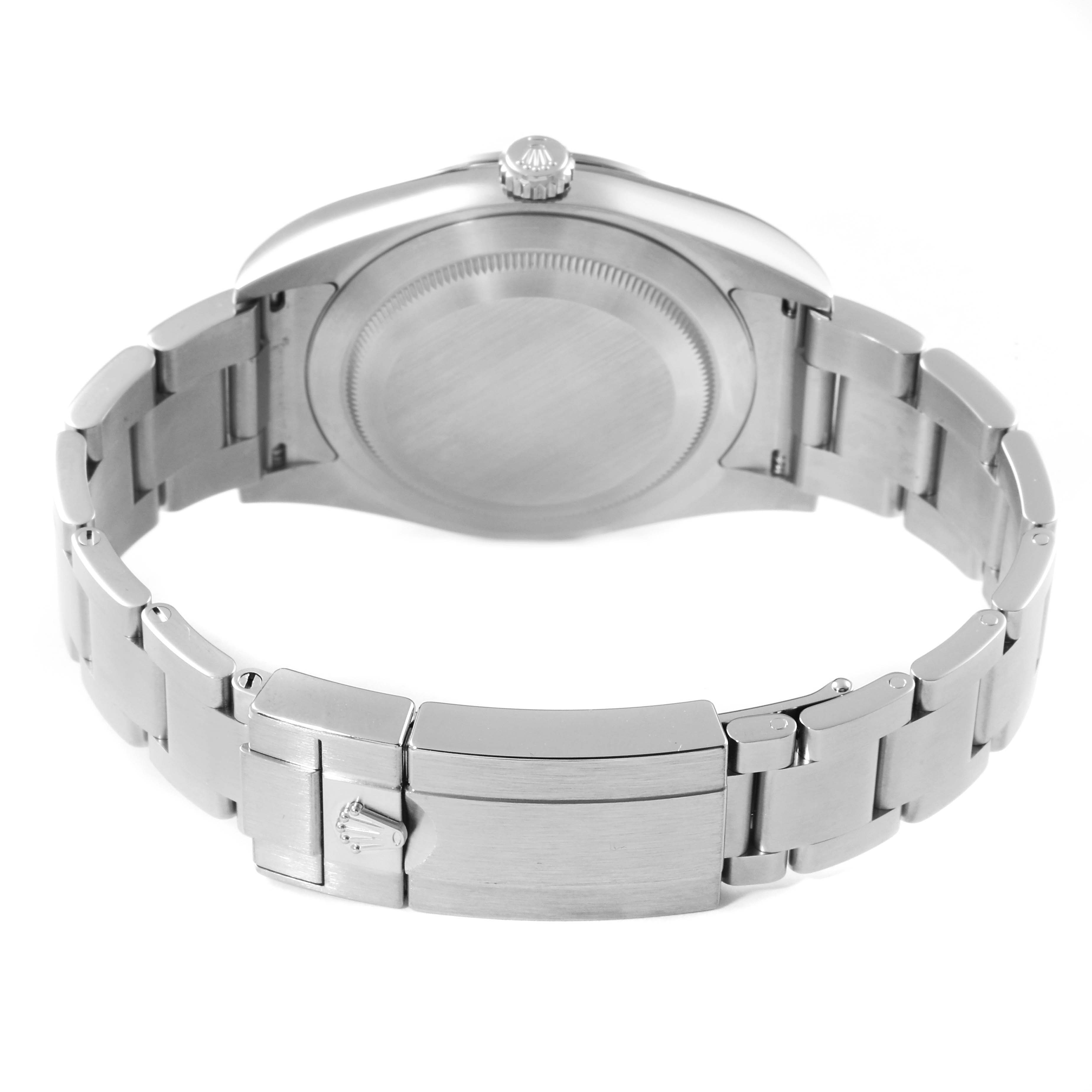 This image shows the back view of a Rolex Explorer 214270 Men's Stainless Steel Black Dial 214270 Men's Stainless Steel Black Dial watch with its stainless steel case, bracelet, and clasp.