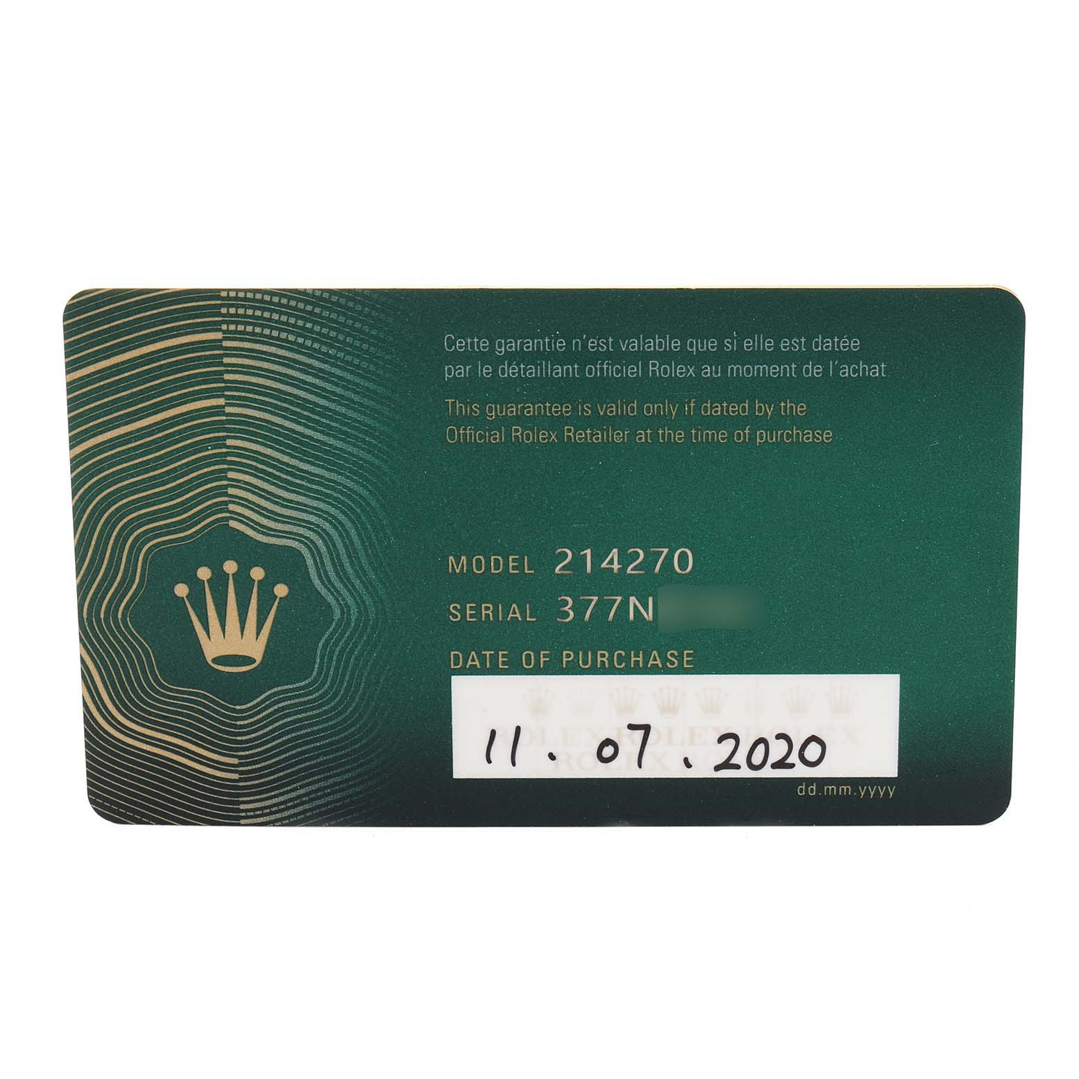 This image shows the guarantee card for the Rolex Explorer 214270 Men's Stainless Steel Black Dial 214270 Men's Stainless Steel Black Dial model 214270 with a purchase date of 11.07.2020.