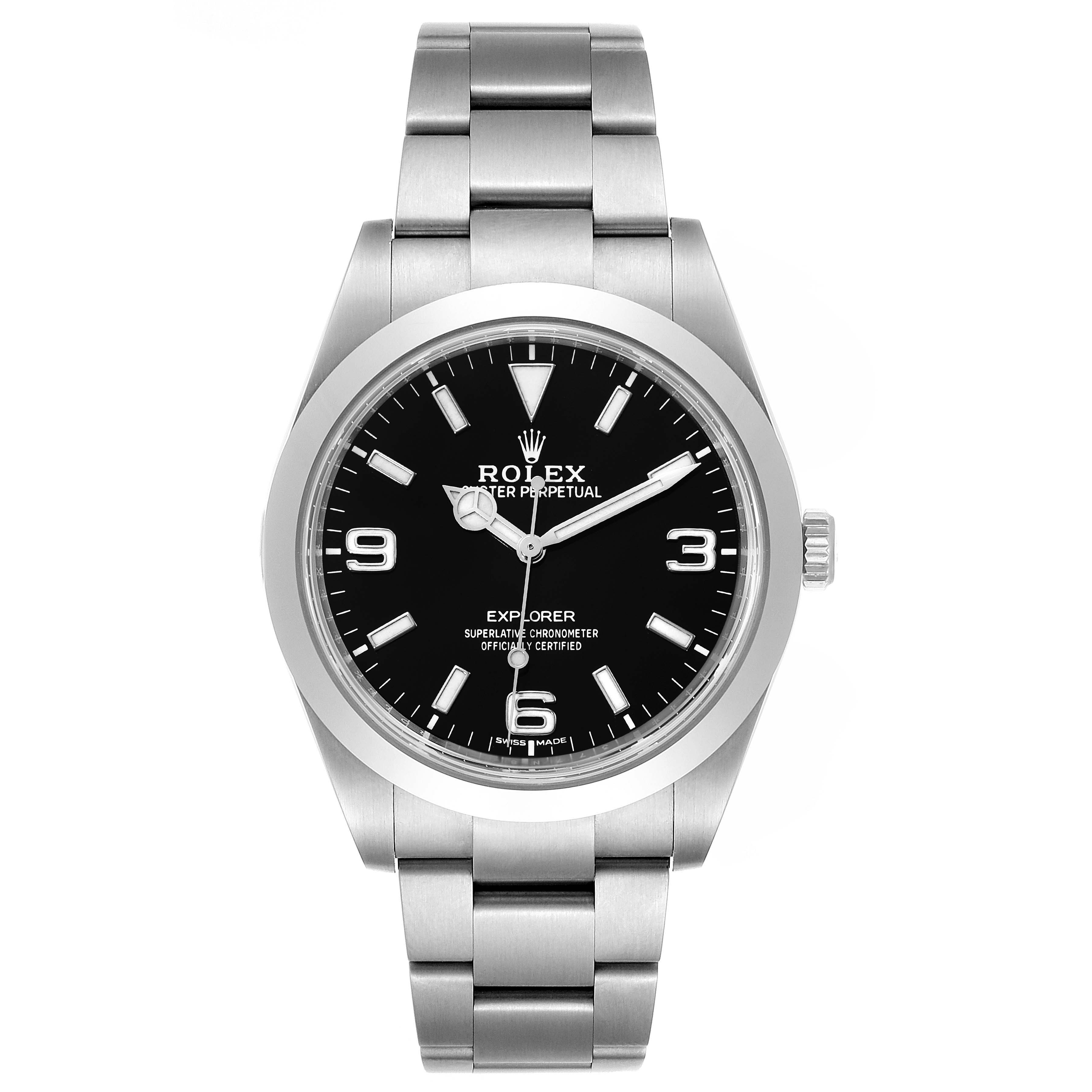 The image shows a front view of the Rolex Explorer 214270 Men's Stainless Steel Black Dial 214270 Men's Stainless Steel Black Dial watch, highlighting its dial, hands, and bracelet.