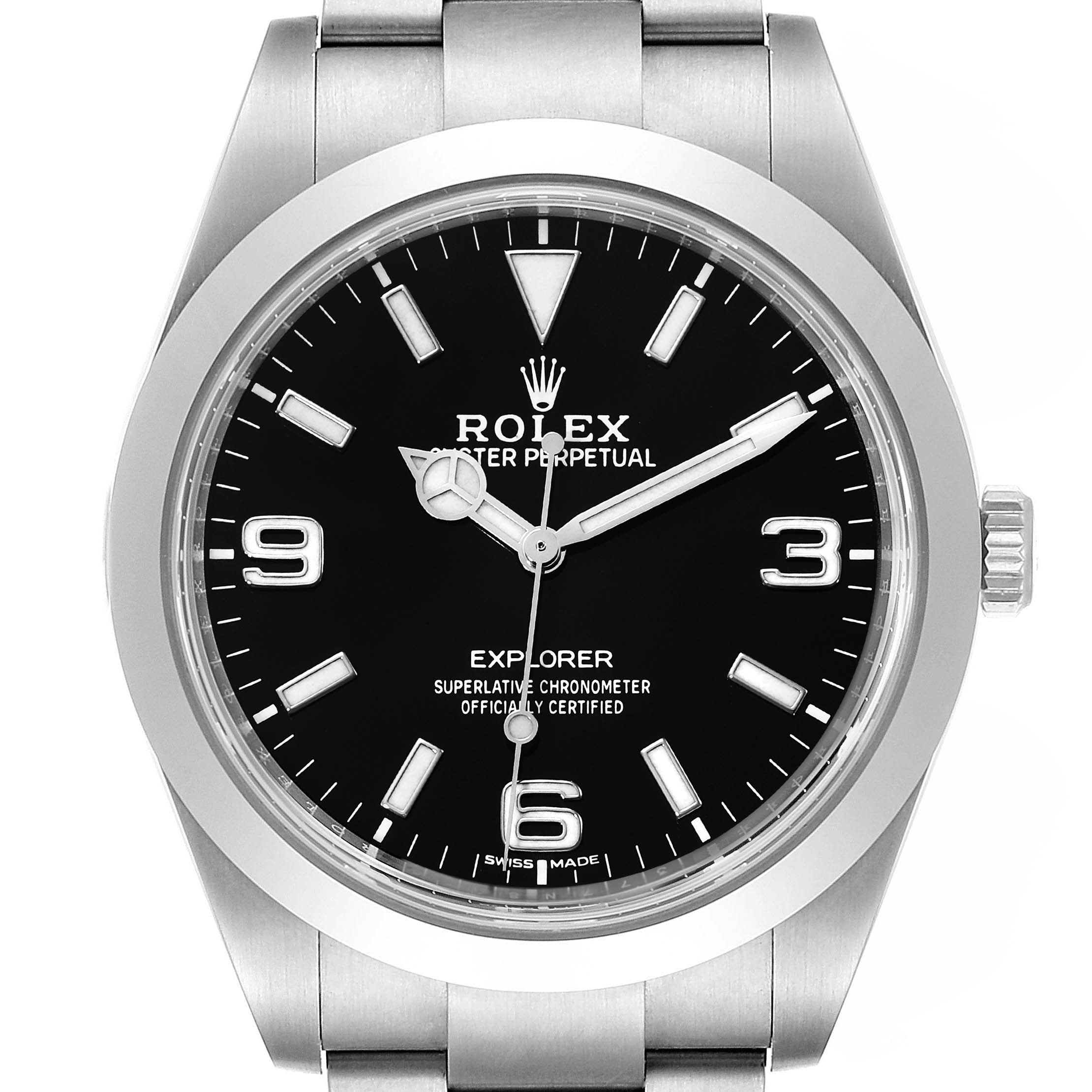 This is a front view of a Rolex Explorer 214270 Men's Stainless Steel Black Dial 214270 Men's Stainless Steel Black Dial watch, showing the full dial, bezel, and part of the bracelet.