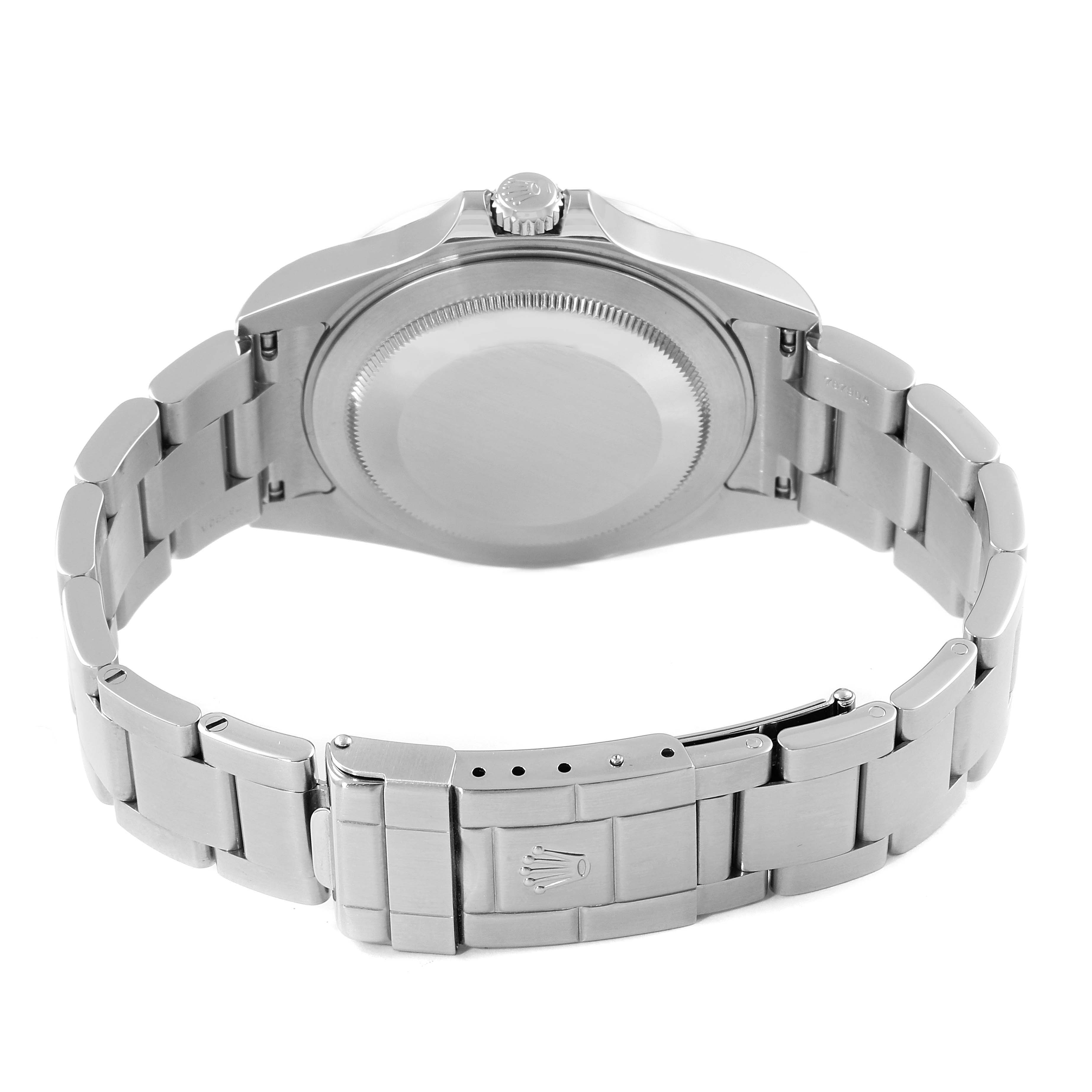 This is a rear view of the Rolex Explorer 16570 Men's Stainless Steel White Dial 16570 Men's Stainless Steel White Dial showing the case back, crown, and clasp of the stainless steel bracelet.