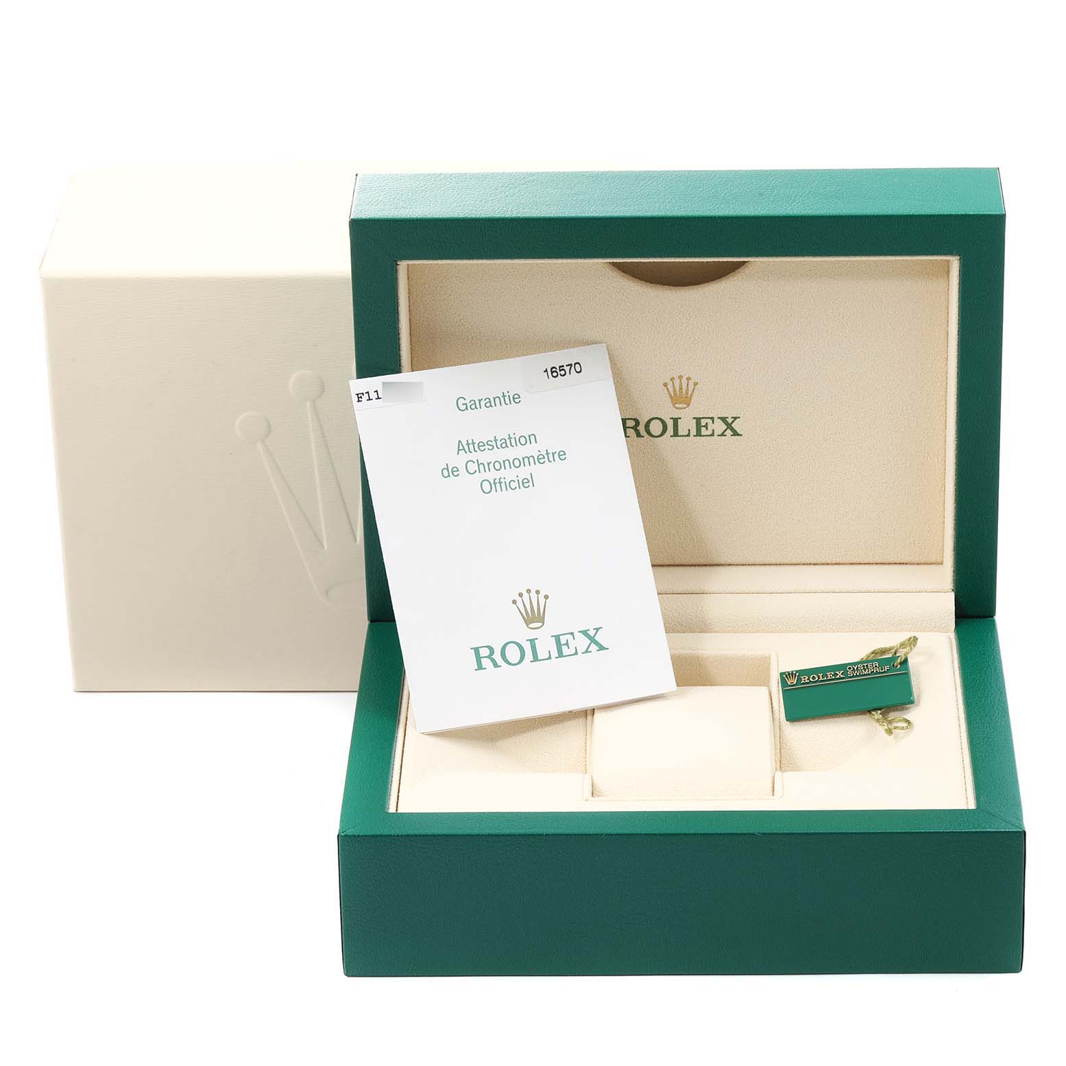 This image shows the official box, guarantee certificate, and chronometer tag for a Rolex Explorer 16570 Men's Stainless Steel White Dial 16570 Men's Stainless Steel White Dial model.