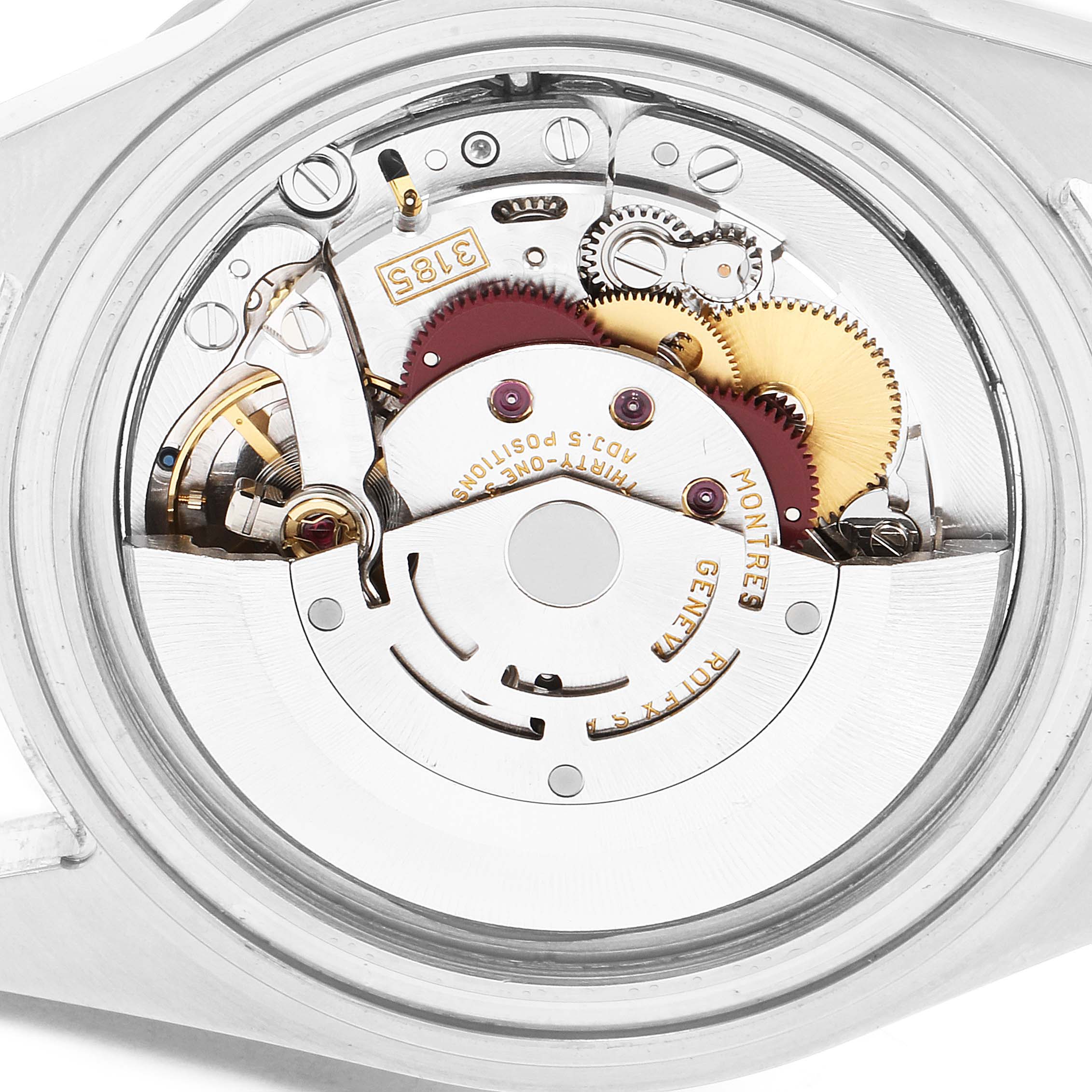 This image shows the inner mechanical movement of a Rolex Explorer 16570 Men's Stainless Steel White Dial 16570 Men's Stainless Steel White Dial watch from a close-up angle.