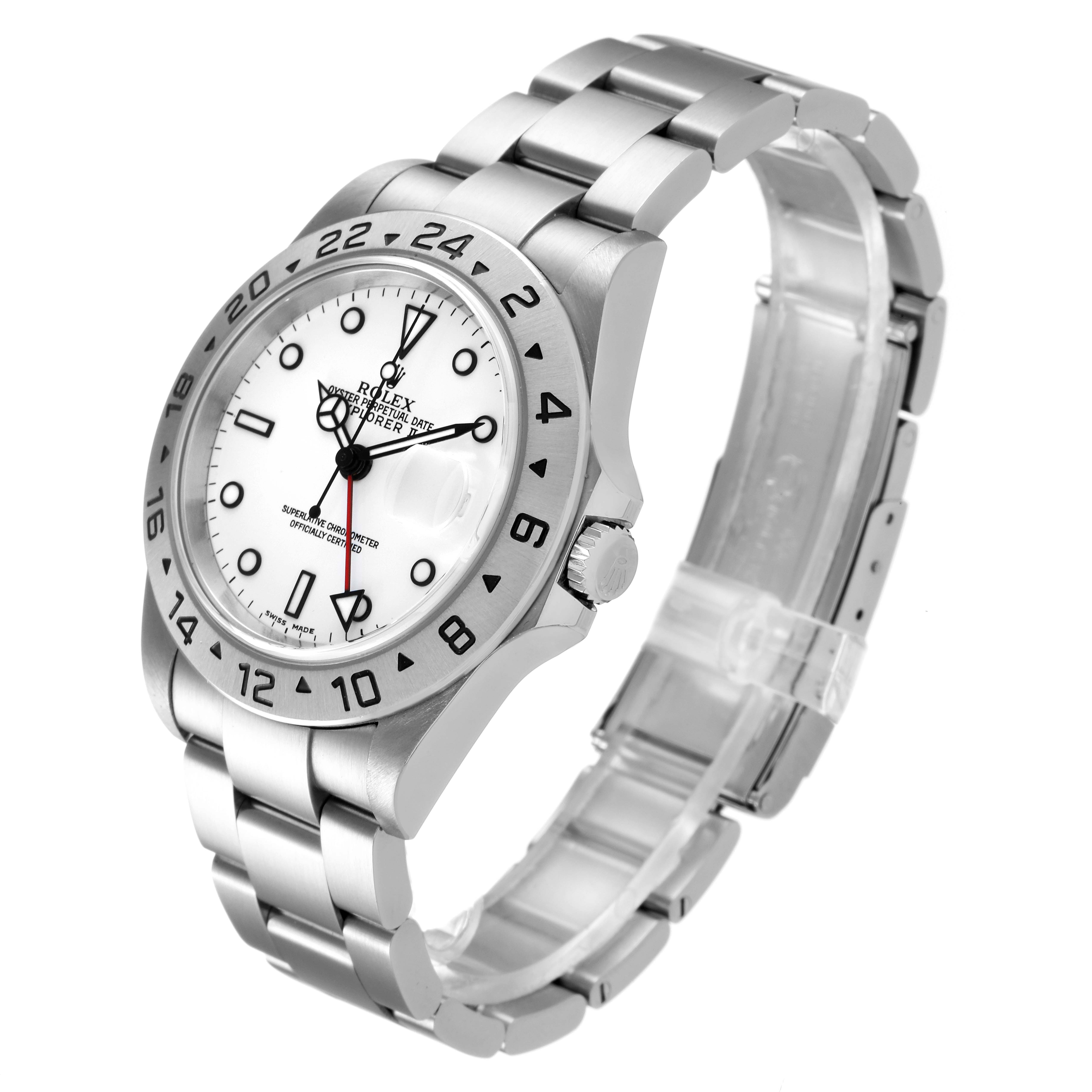 The Rolex Explorer 16570 Men's Stainless Steel White Dial 16570 Men's Stainless Steel White Dial watch is shown from a three-quarter angle, displaying its face, bezel, bracelet, and crown.