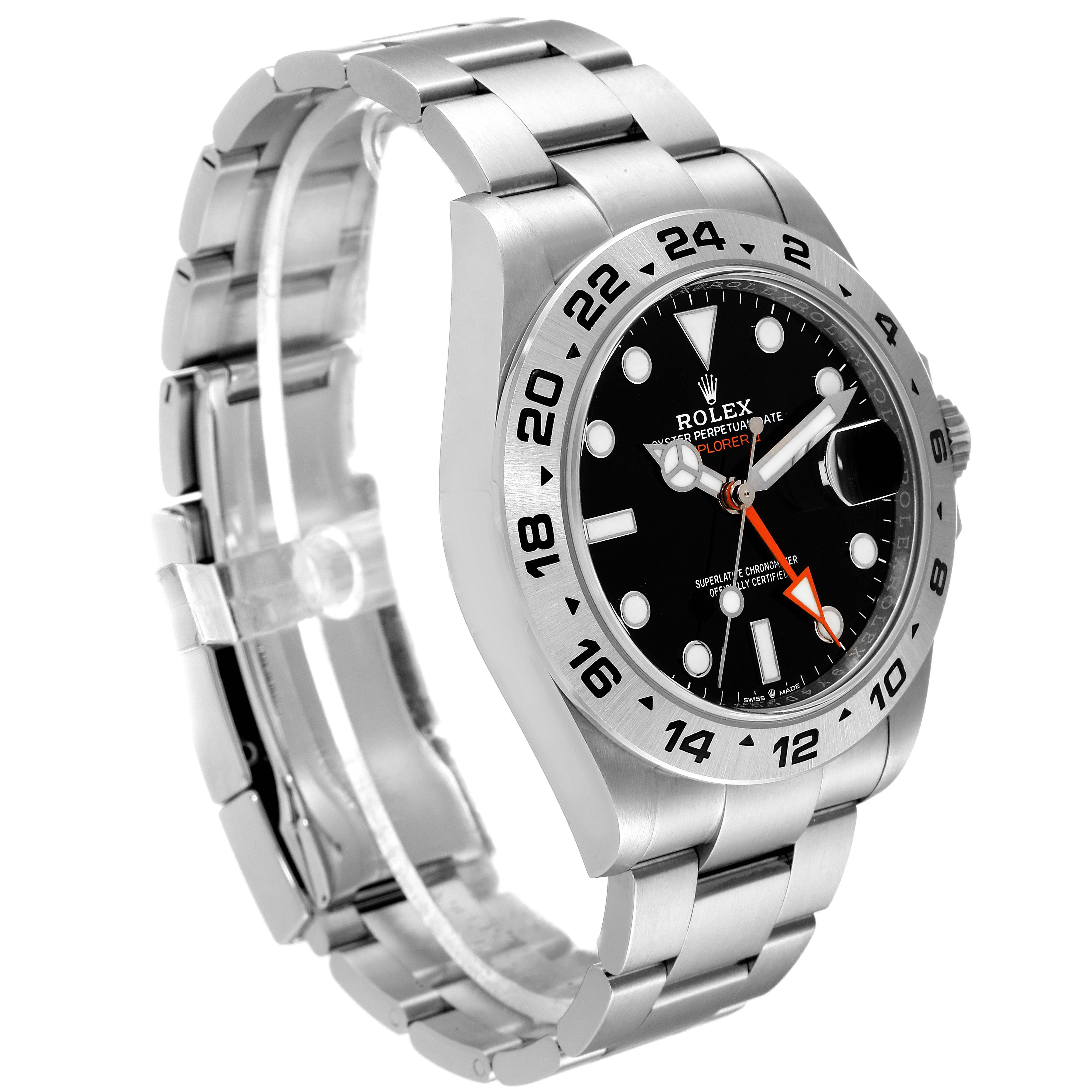 This image shows the Rolex Explorer 226570 Men
s Stainless Steel Black Dial 226570 Men
s Stainless Steel Black Dial model watch at a three-quarter angle, highlighting the bracelet, bezel, and dial.