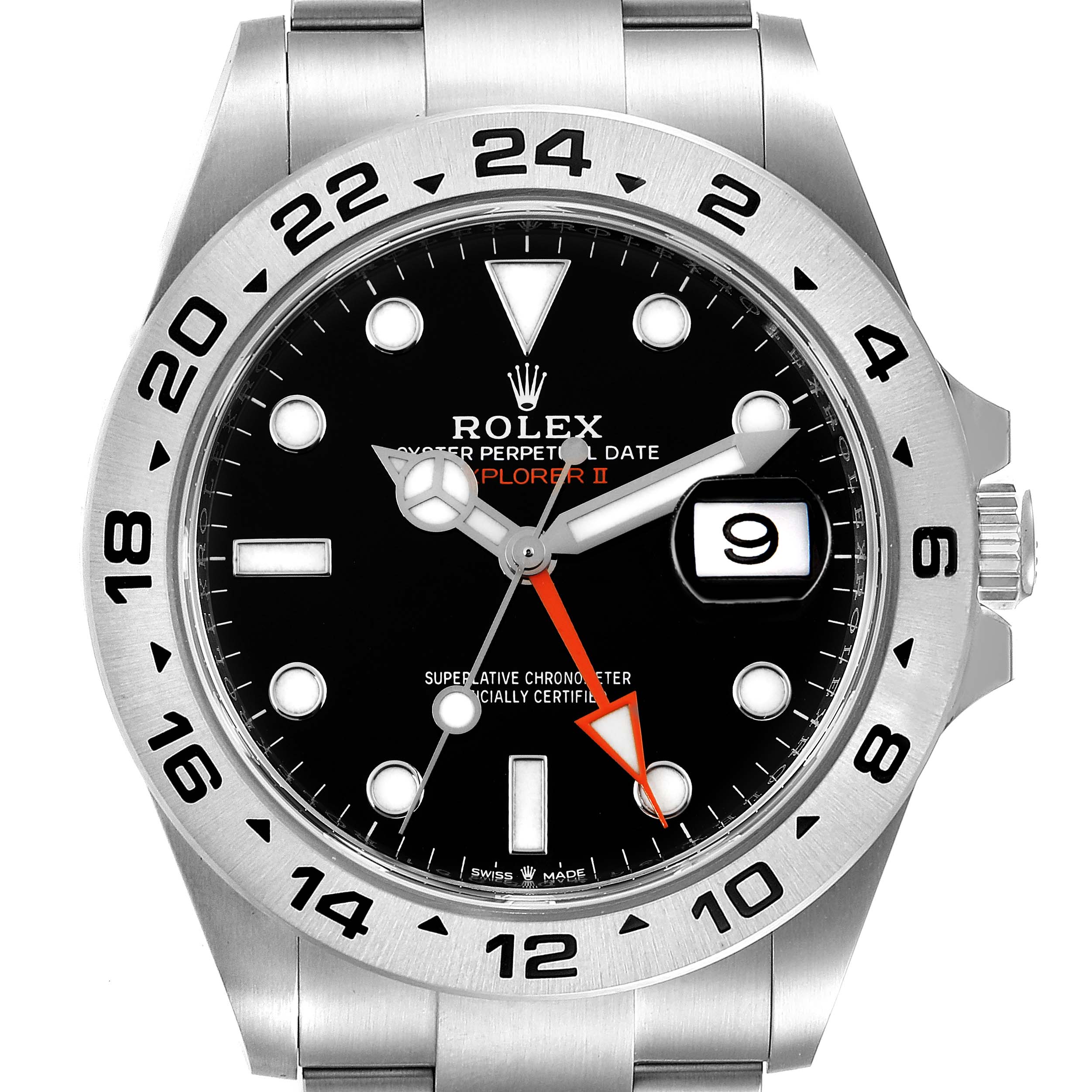This image shows a front view of a Rolex Explorer 226570 Men
s Stainless Steel Black Dial 226570 Men
s Stainless Steel Black Dial watch, displaying the dial, hands, bezel, and part of the bracelet.