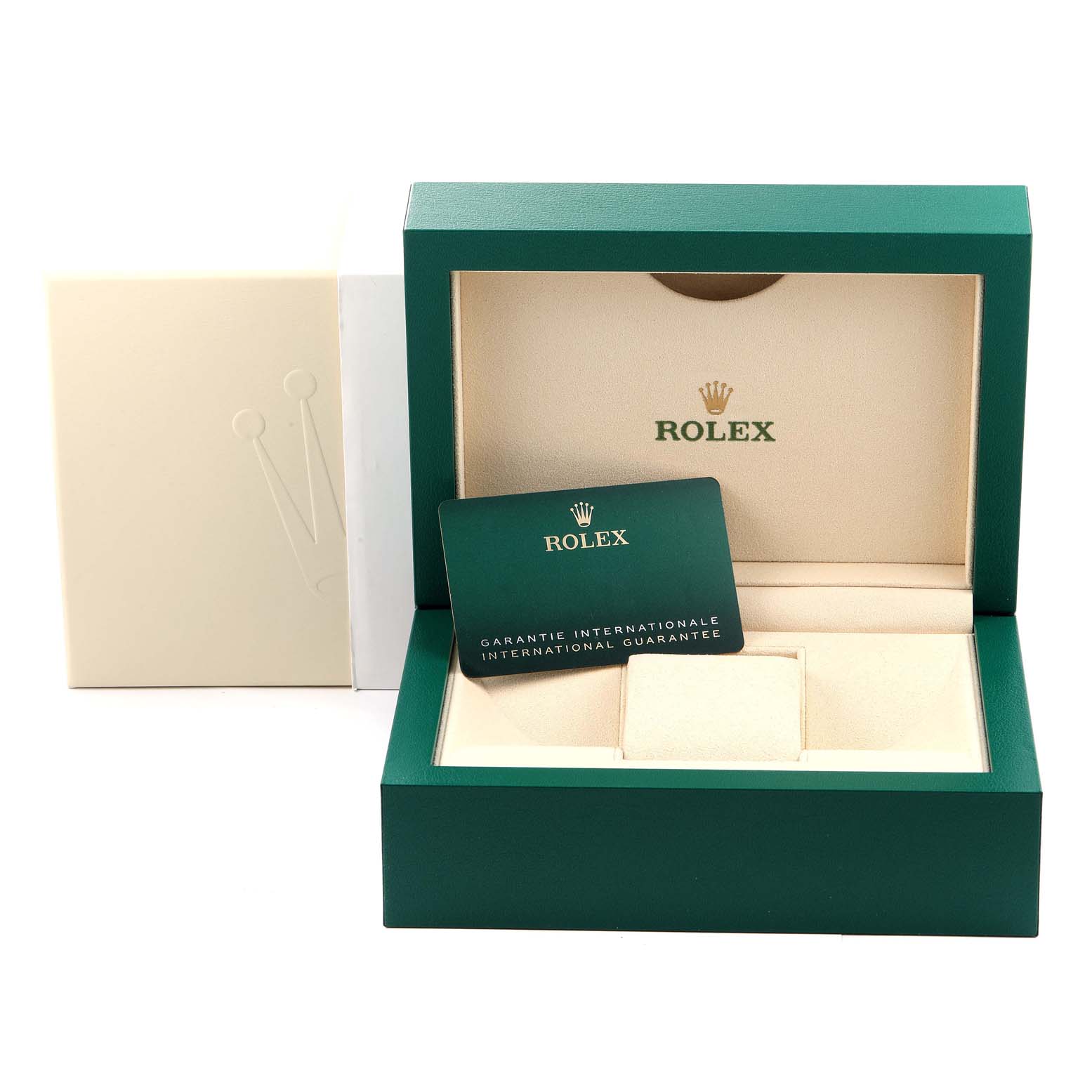 The image shows a Rolex Explorer 226570 Men
s Stainless Steel Black Dial 226570 Men
s Stainless Steel Black Dial watch box, open with a warranty card inside.