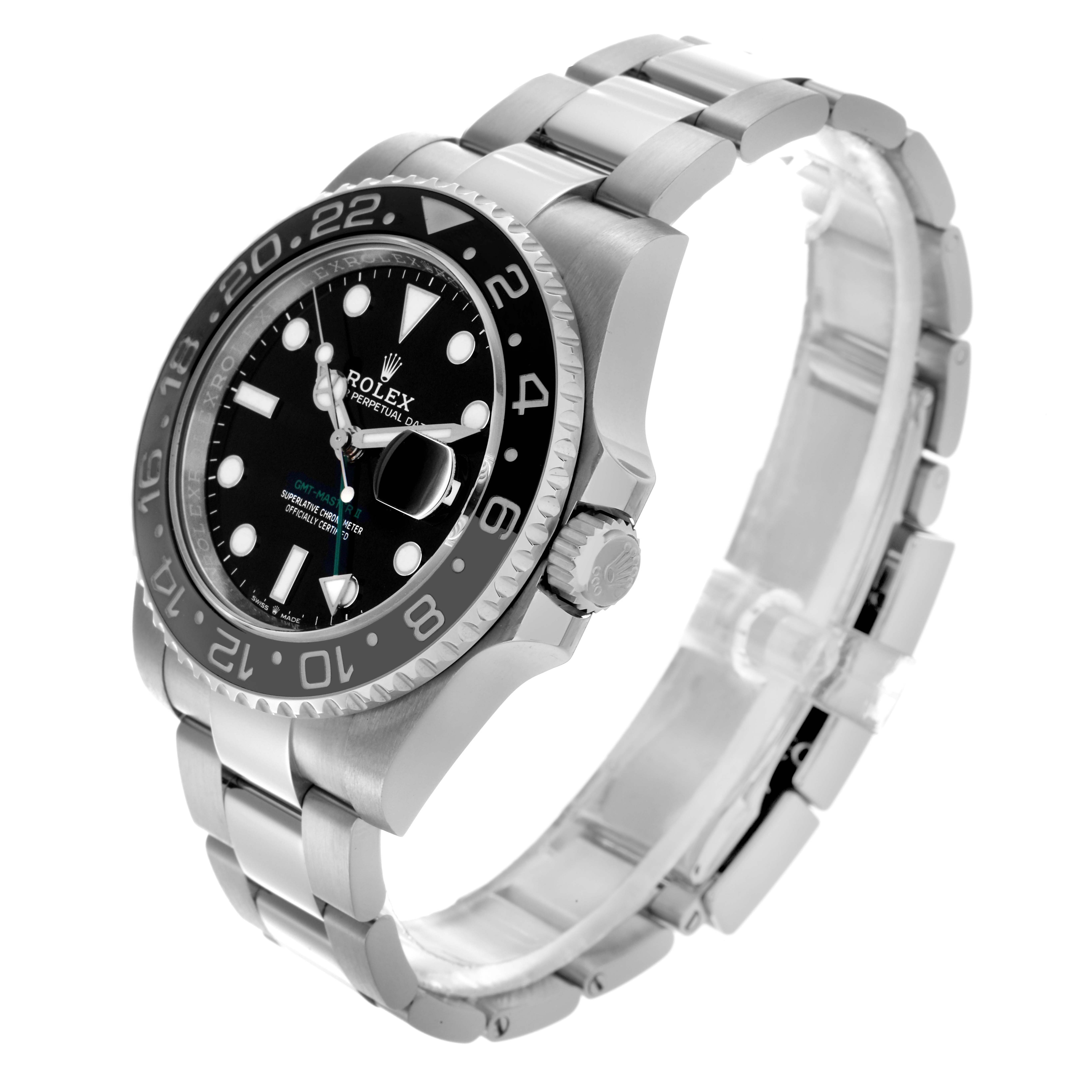 The Rolex GMT-Master 126710GRNR Men
s Stainless Steel Black Dial 126710GRNR Men
s Stainless Steel Black Dial watch is shown at a three-quarter angle, highlighting the face, bezel, crown, and bracelet.
