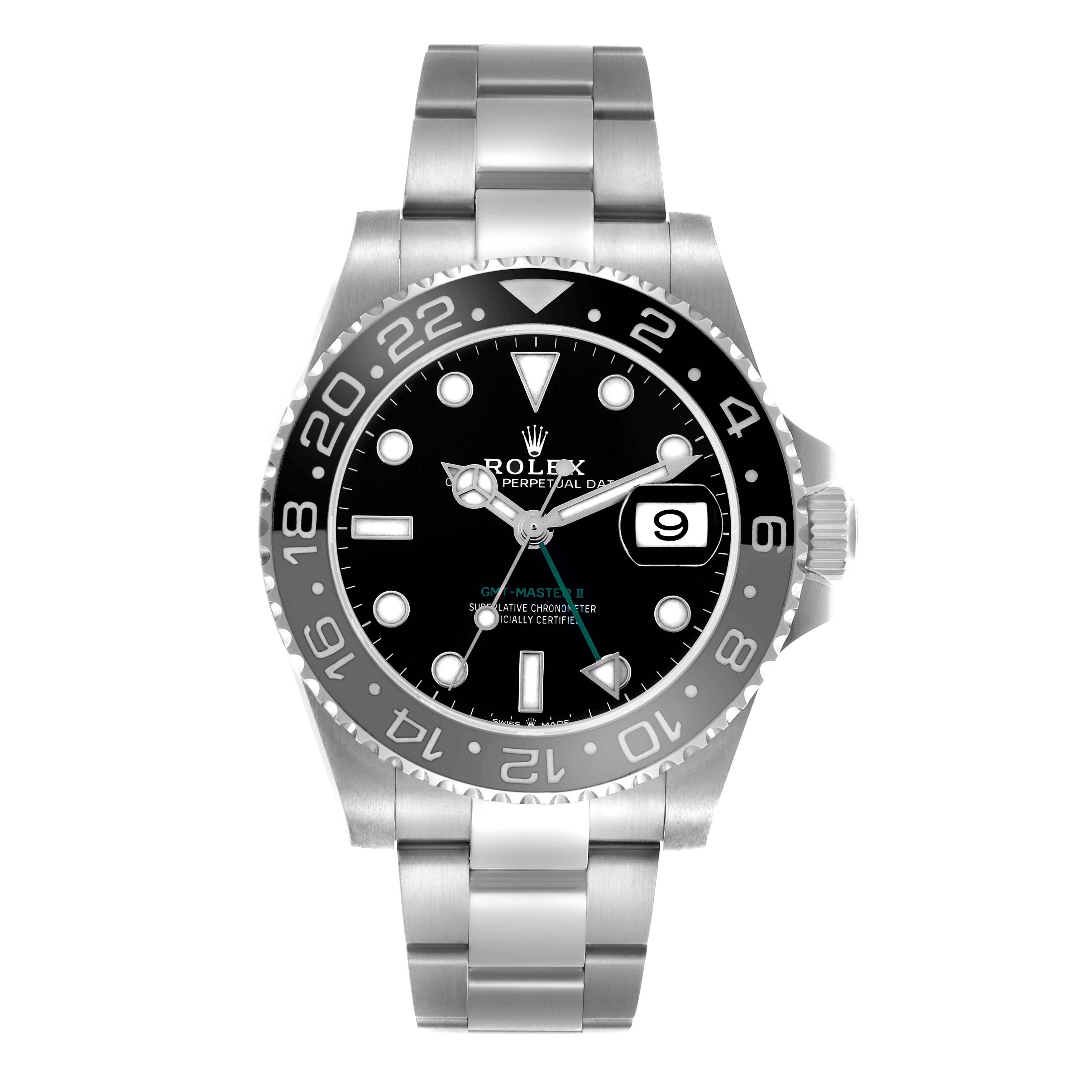 The Rolex GMT-Master 126710GRNR Men
s Stainless Steel Black Dial 126710GRNR Men
s Stainless Steel Black Dial watch is shown from a front angle, displaying the bezel, dial, bracelet, and date window.