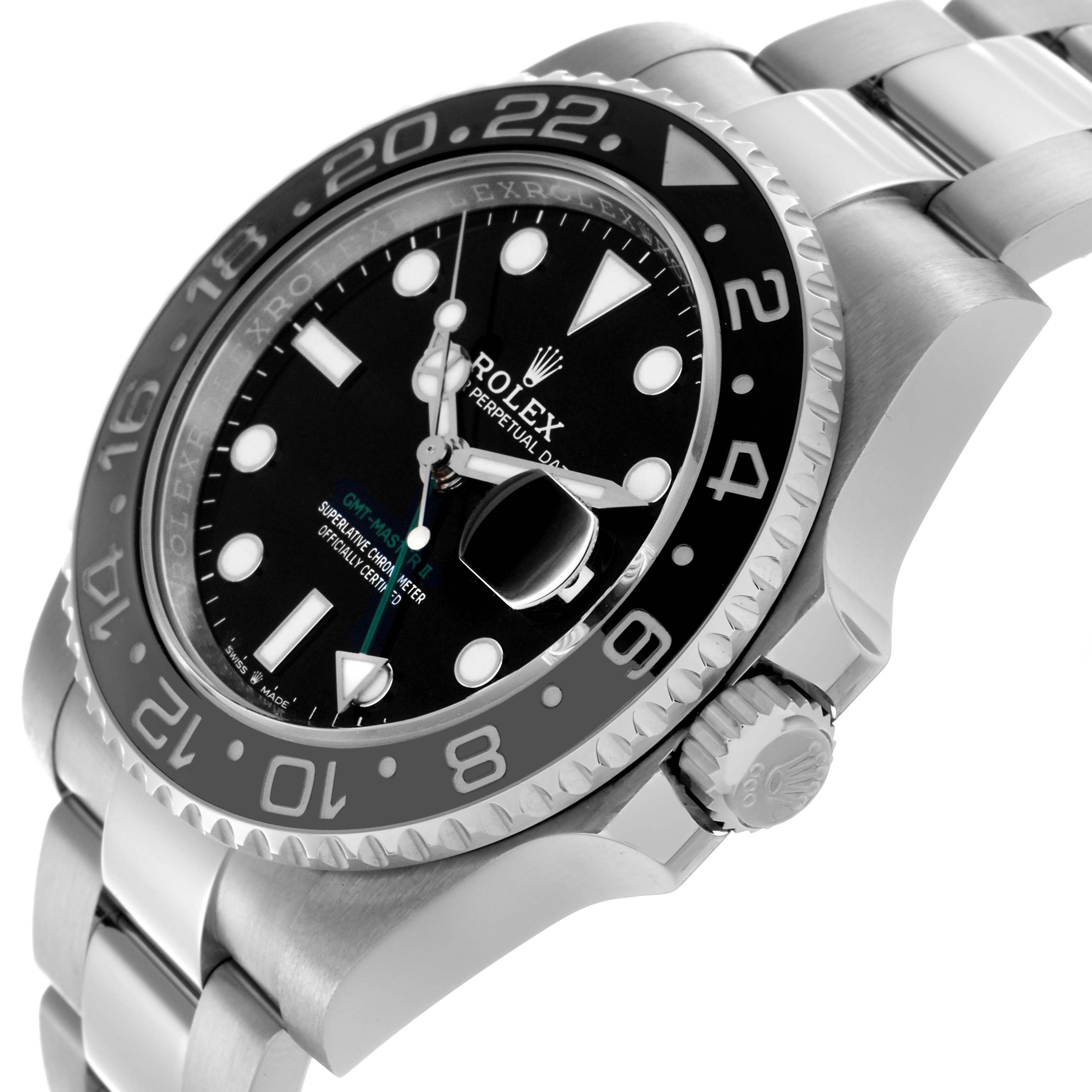 The Rolex GMT-Master 126710GRNR Men
s Stainless Steel Black Dial 126710GRNR Men
s Stainless Steel Black Dial watch is shown at an angled side view, highlighting the bezel, face, crown, and part of the bracelet.