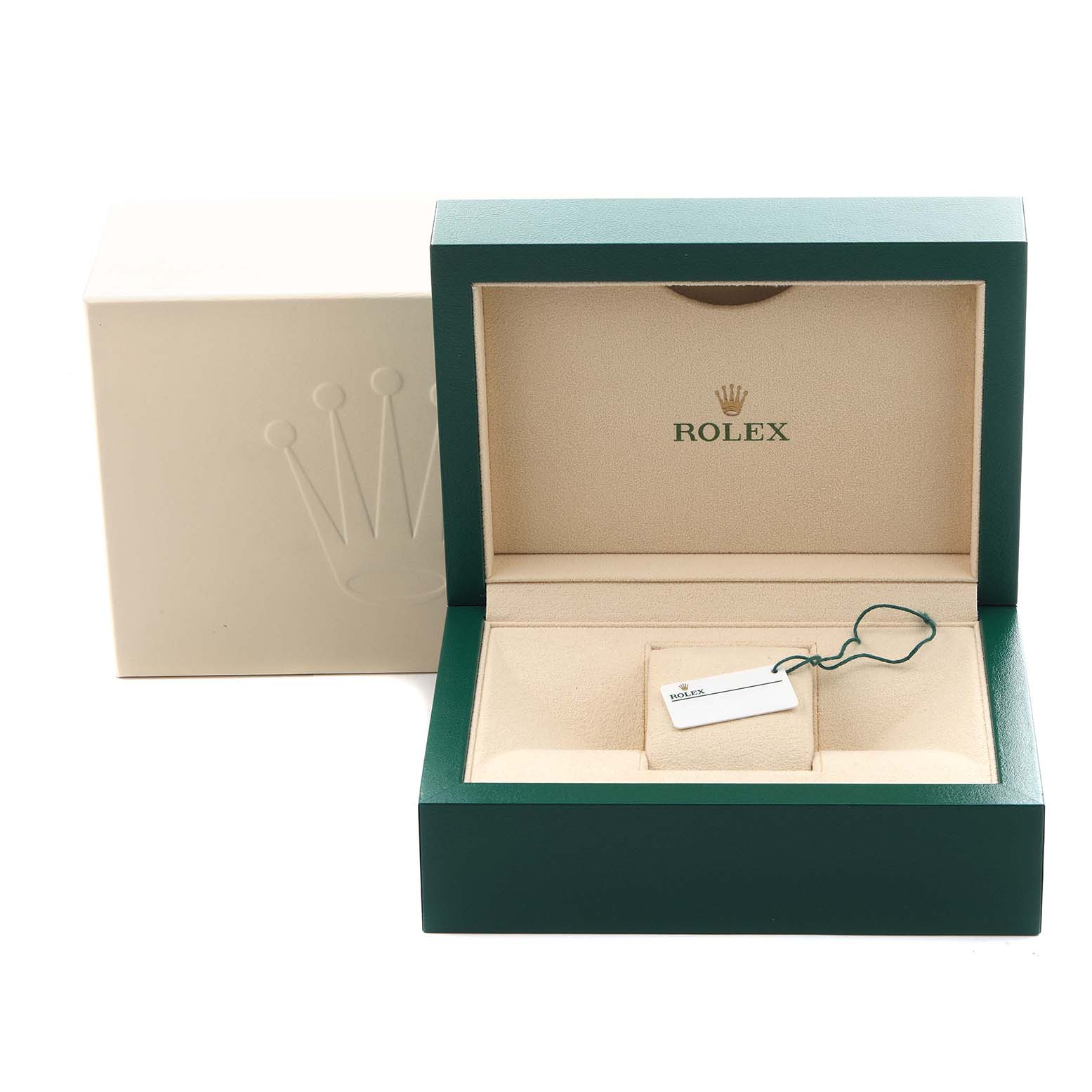 The image shows an empty open box and tag for a Rolex GMT-Master 126710GRNR Men
s Stainless Steel Black Dial 126710GRNR Men
s Stainless Steel Black Dial watch, featuring the brand
s logo inside.