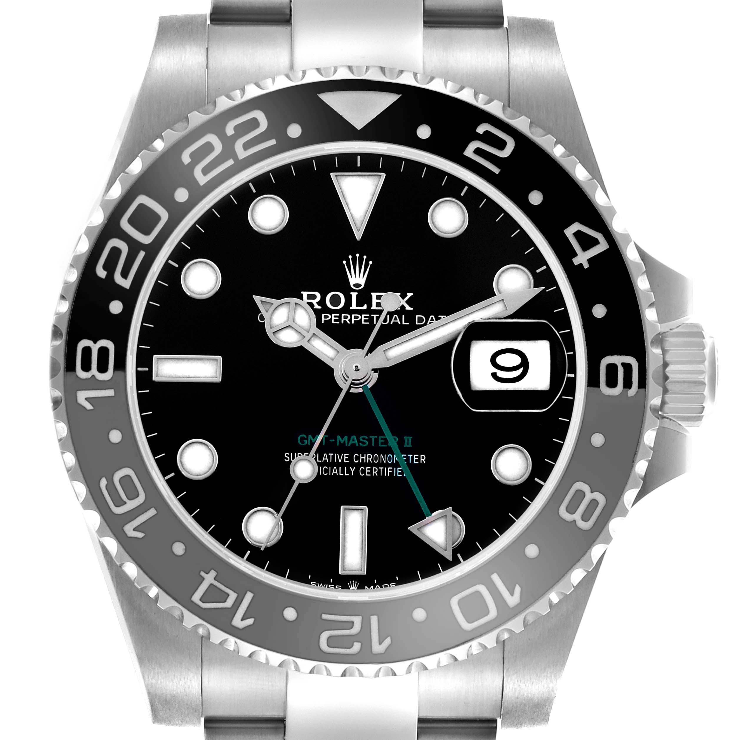 The Rolex GMT-Master 126710GRNR Men
s Stainless Steel Black Dial 126710GRNR Men
s Stainless Steel Black Dial watch is shown from a front angle, displaying its bezel, dial, hands, and crown.