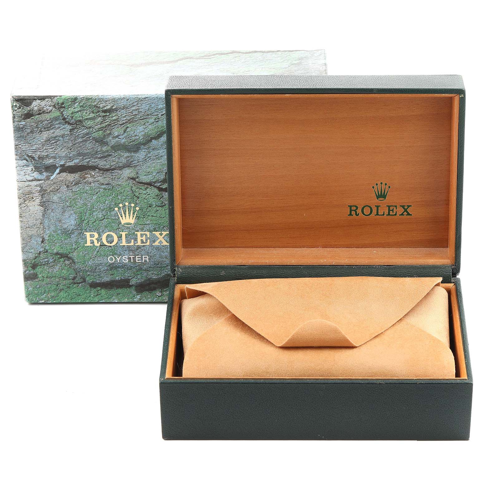 An open Rolex GMT-Master 16713 Men's Steel and Gold (two tone) Black Dial 16713 Men's Steel and Gold (two tone) Black Dial watch box showing its exterior box, interior wooden box, and a suede pouch.