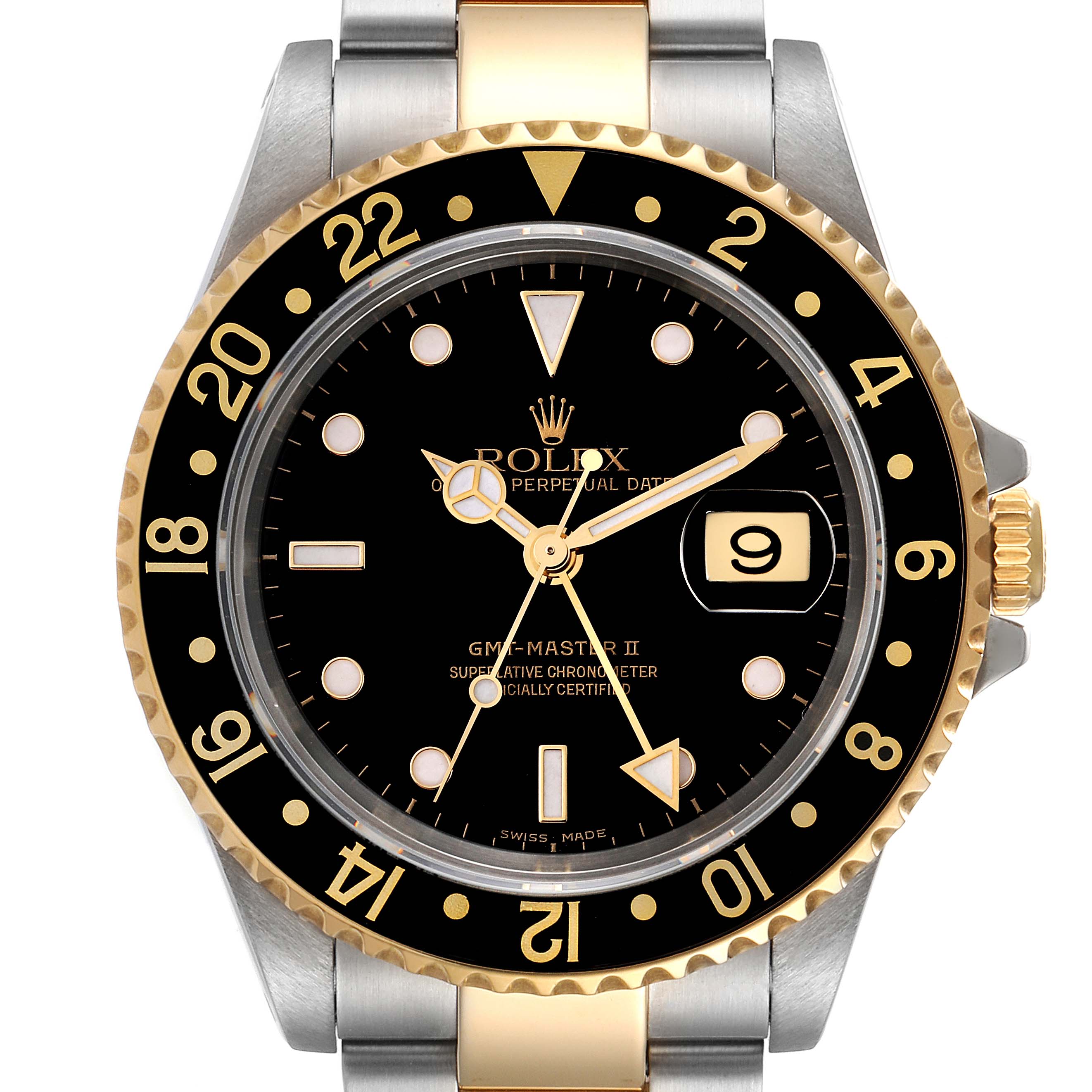 The image shows a front view of the Rolex GMT-Master 16713 Men's Steel and Gold (two tone) Black Dial 16713 Men's Steel and Gold (two tone) Black Dial II watch, highlighting its black dial, gold accents, bezel, and date window.