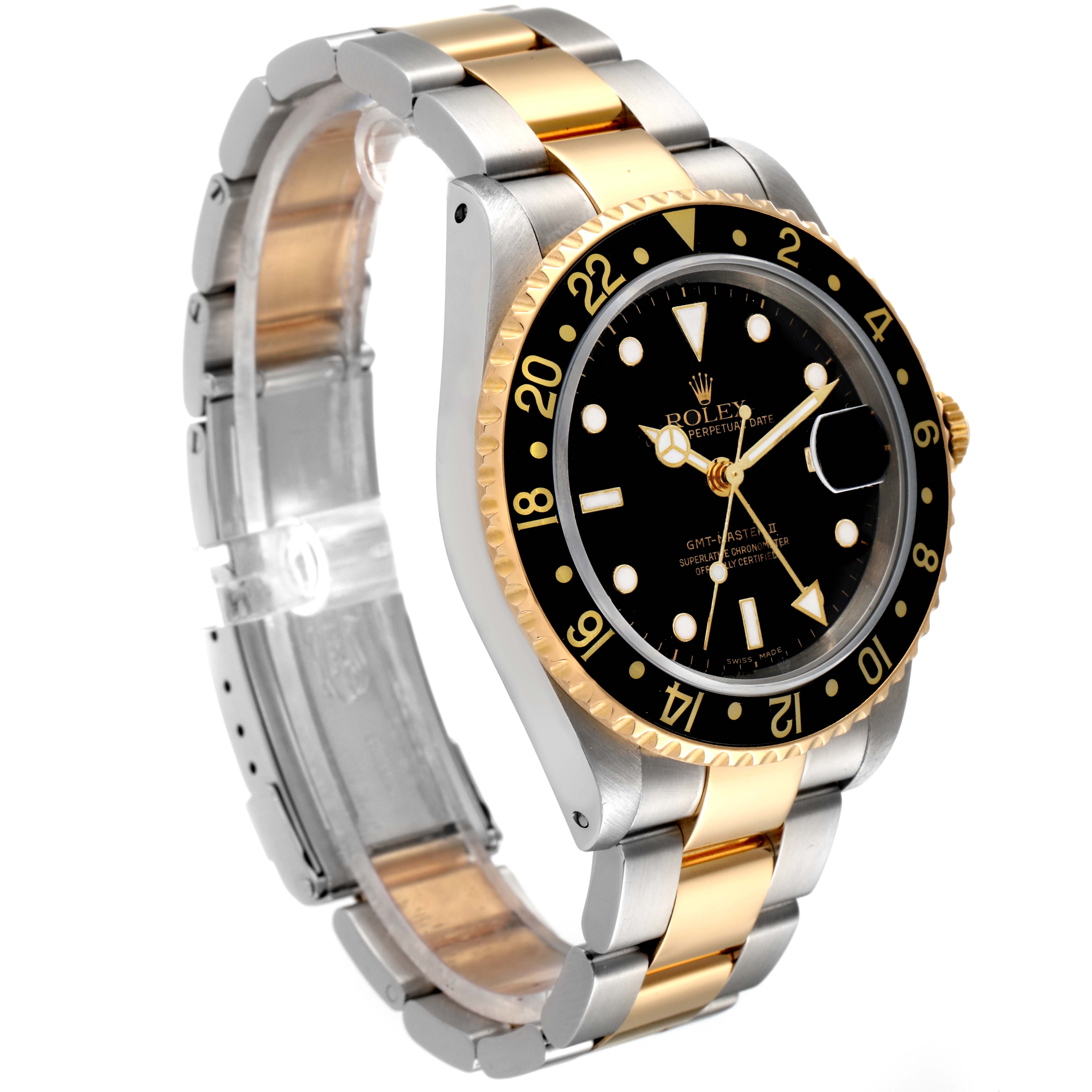 The image shows a three-quarter angle view of a Rolex GMT-Master 16713 Men's Steel and Gold (two tone) Black Dial 16713 Men's Steel and Gold (two tone) Black Dial watch, highlighting its bezel, dial, and two-tone bracelet.
