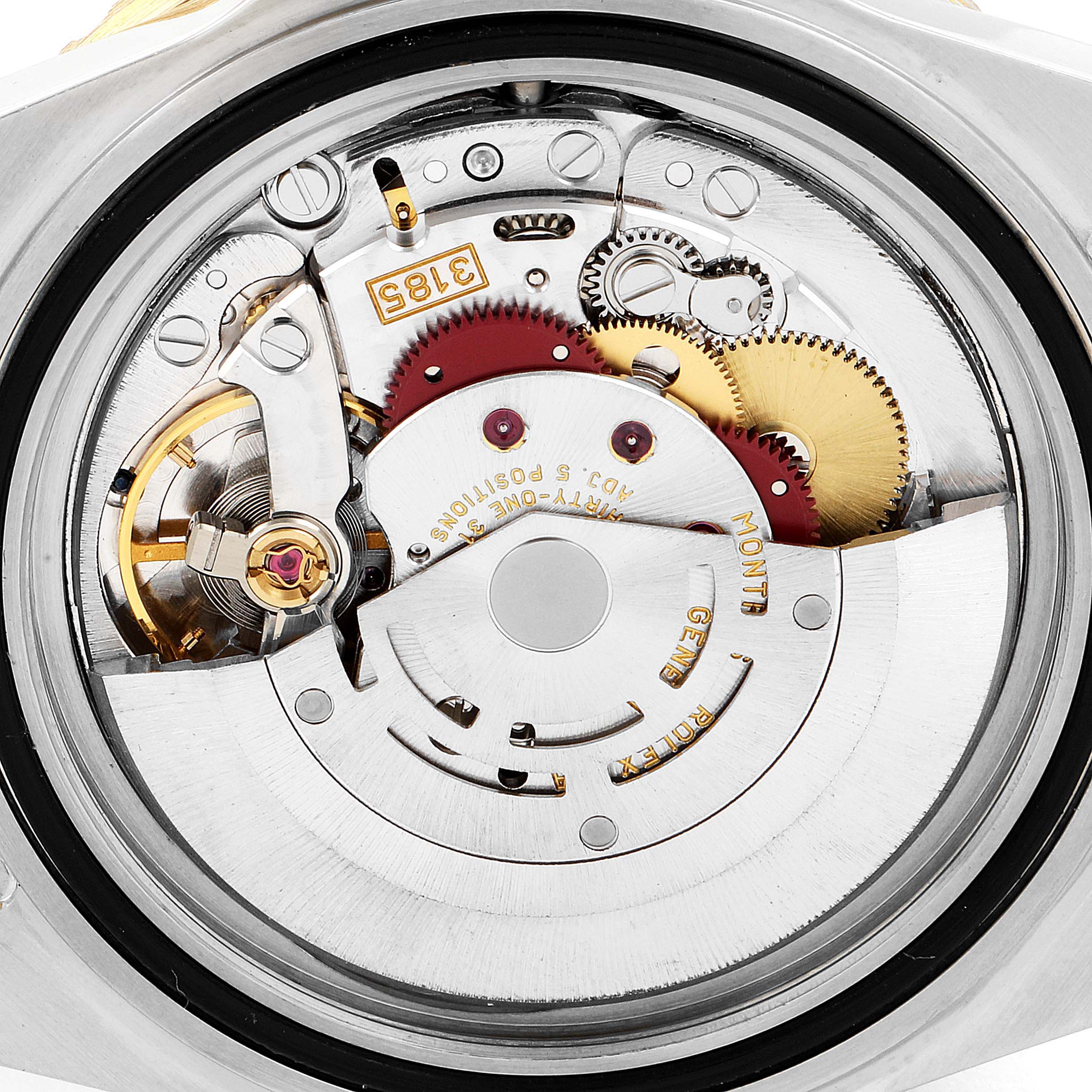 This image shows the movement and internal mechanism of the Rolex GMT-Master 16713 Men's Steel and Gold (two tone) Black Dial 16713 Men's Steel and Gold (two tone) Black Dial watch from a back angle with the case removed.