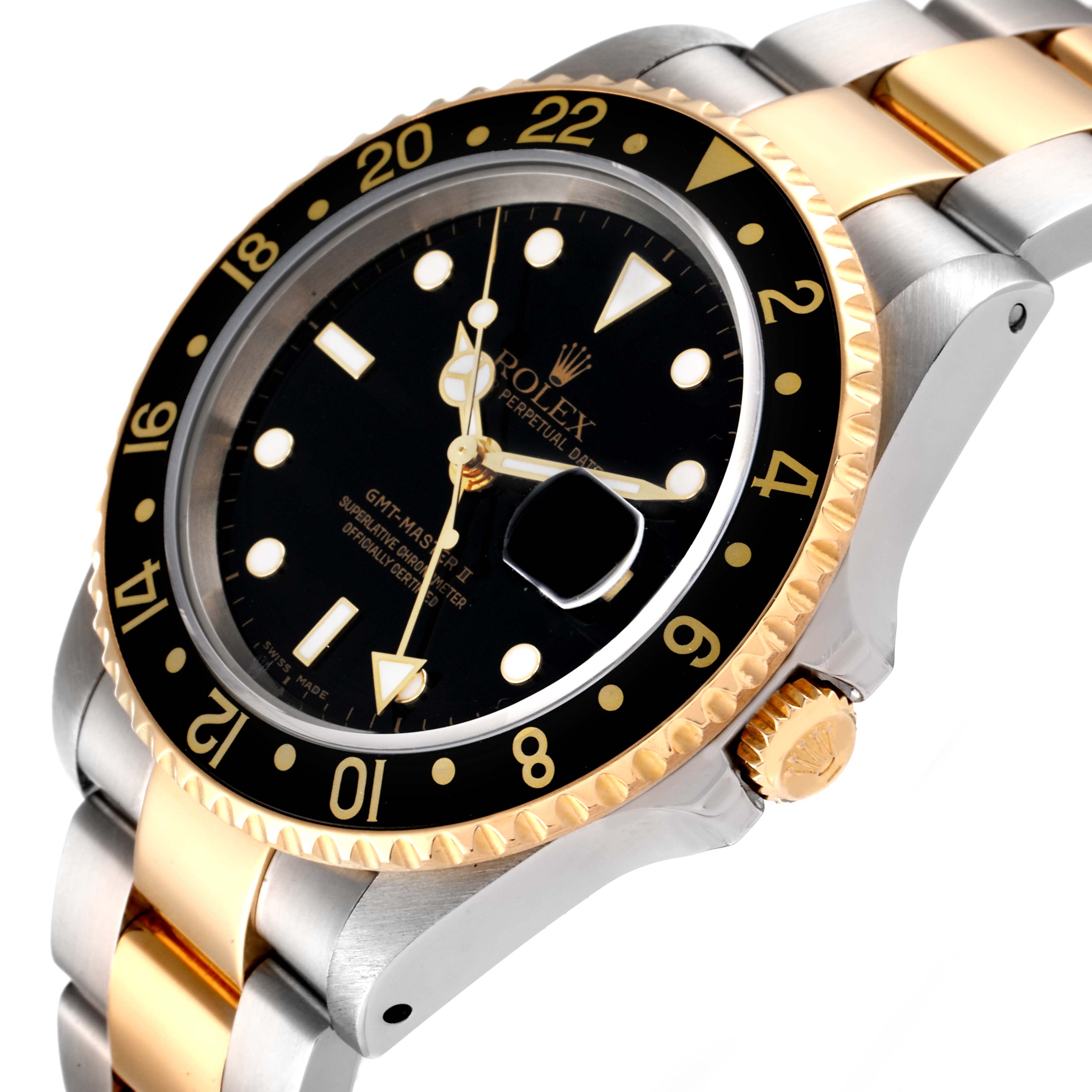 The image shows a close-up angle of the Rolex GMT-Master 16713 Men's Steel and Gold (two tone) Black Dial 16713 Men's Steel and Gold (two tone) Black Dial II watch, highlighting its bezel, dial, crown, and two-tone bracelet.