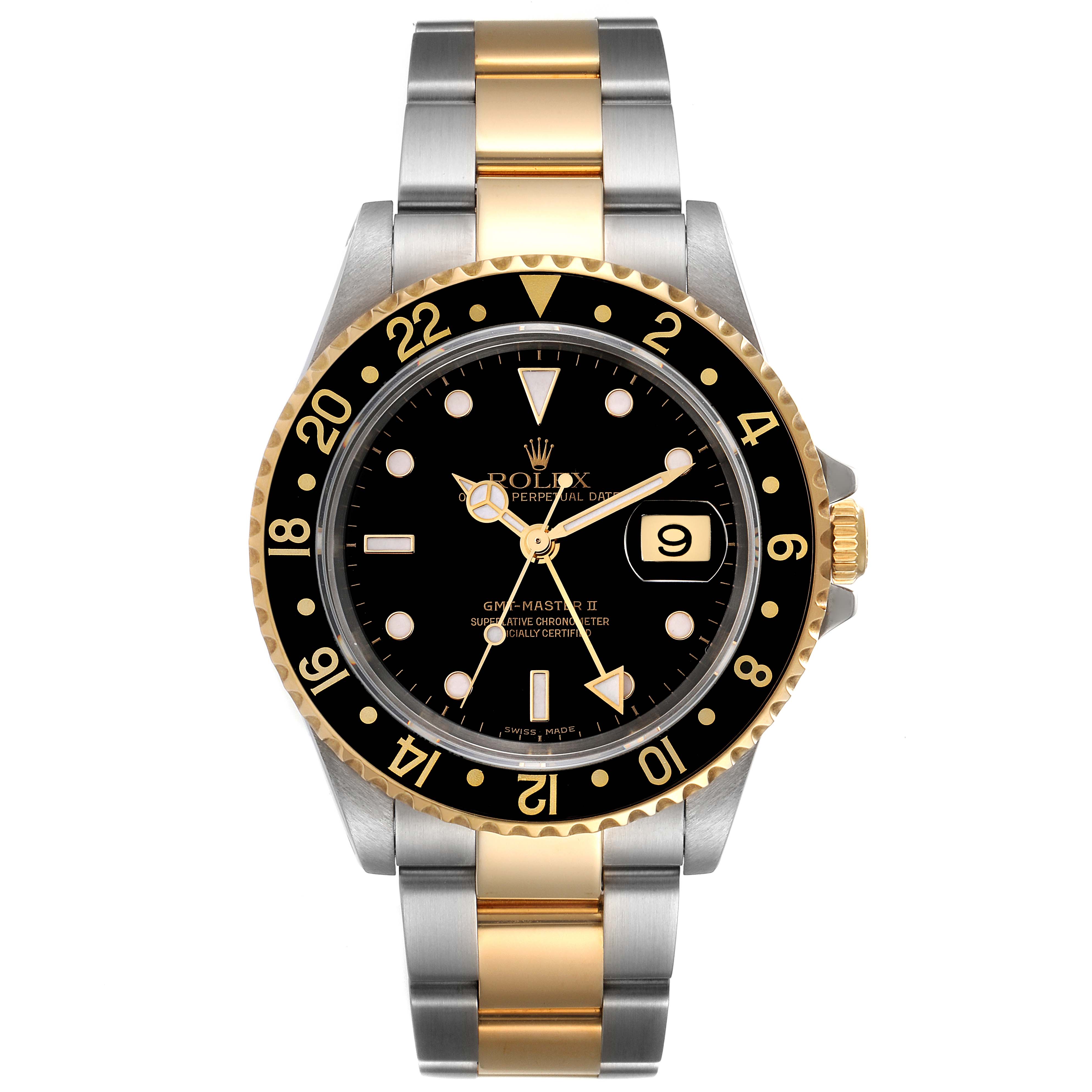 The Rolex GMT-Master 16713 Men's Steel and Gold (two tone) Black Dial 16713 Men's Steel and Gold (two tone) Black Dial watch is shown from the front, displaying the bezel, dial, hands, and bracelet.
