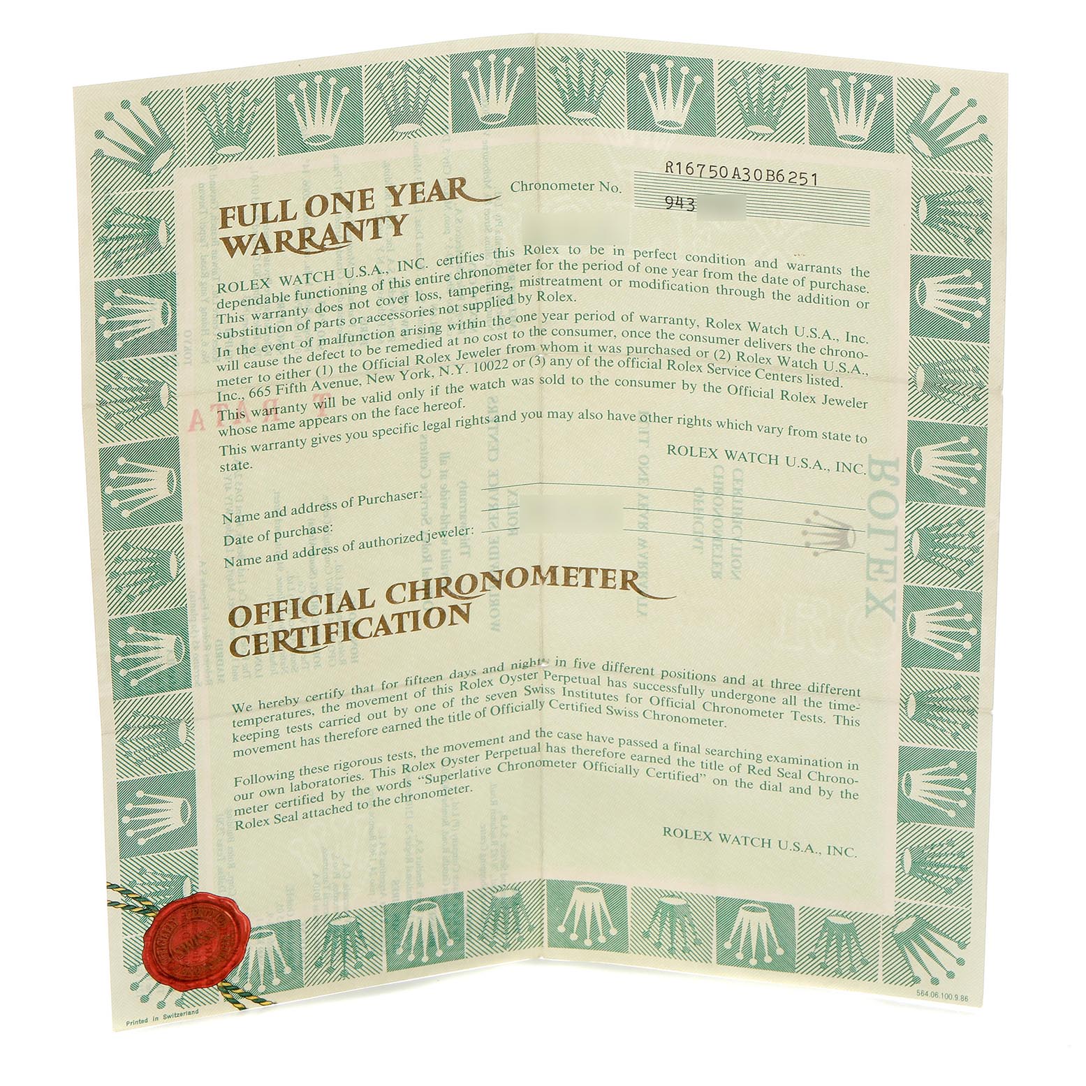 The image shows warranty and certification documents for a Rolex GMT-Master 16750 Men
s Stainless Steel Black Dial 16750 Men
s Stainless Steel Black Dial watch.