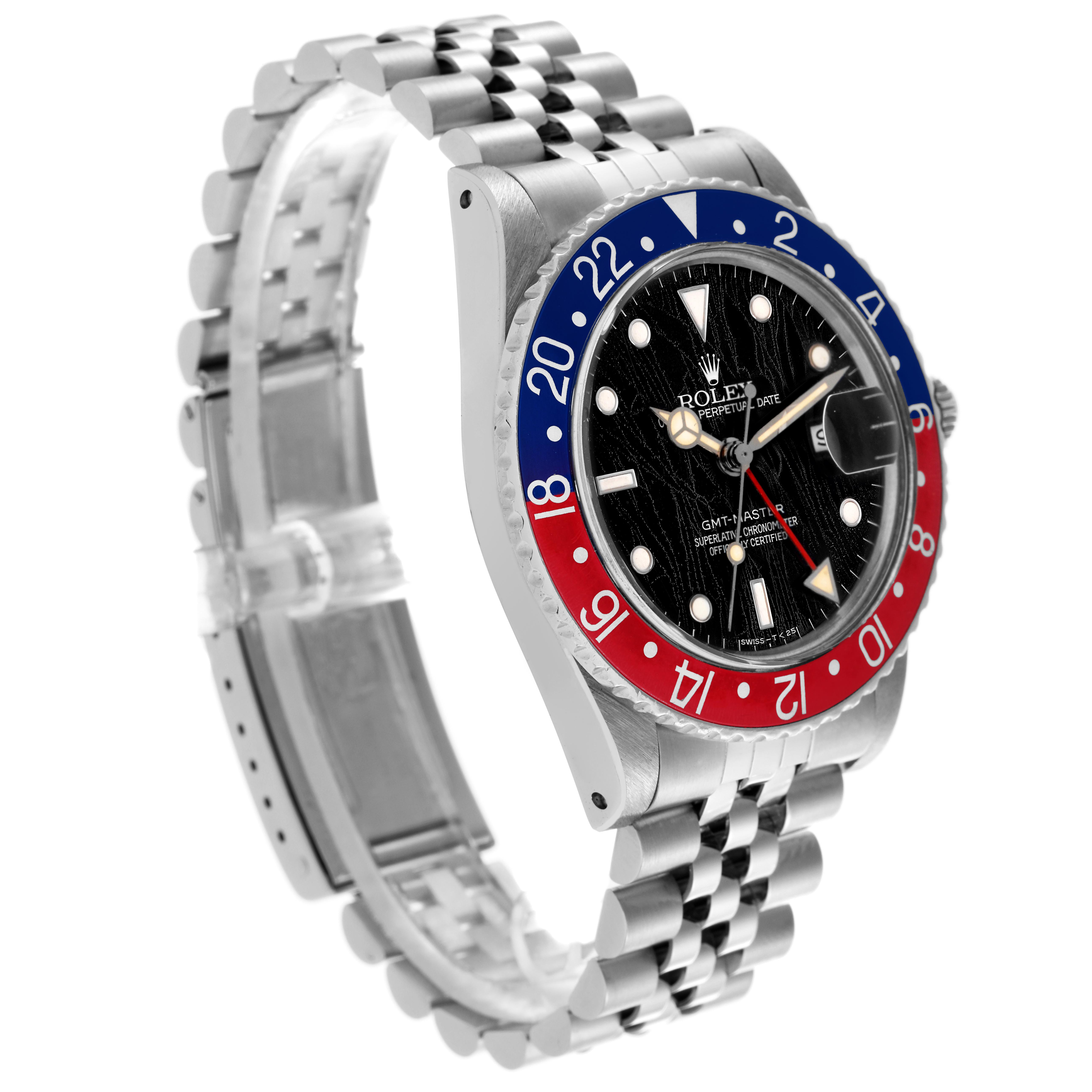 The Rolex GMT-Master 16750 Men
s Stainless Steel Black Dial 16750 Men
s Stainless Steel Black Dial watch is shown at a three-quarter angle, highlighting the bezel, dial, and bracelet.