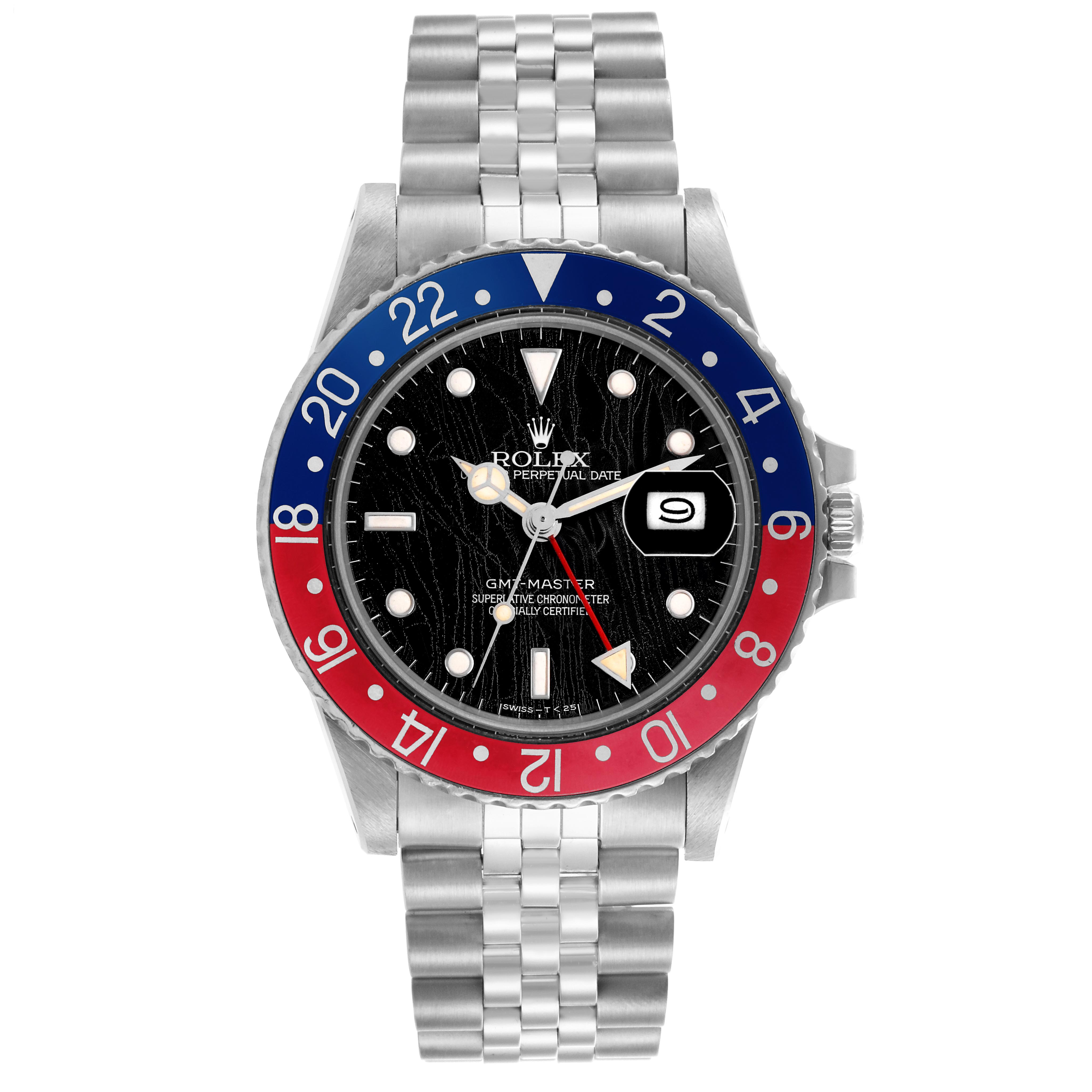 The Rolex GMT-Master 16750 Men
s Stainless Steel Black Dial 16750 Men
s Stainless Steel Black Dial watch is shown from the front, highlighting the dial, bezel, and bracelet.