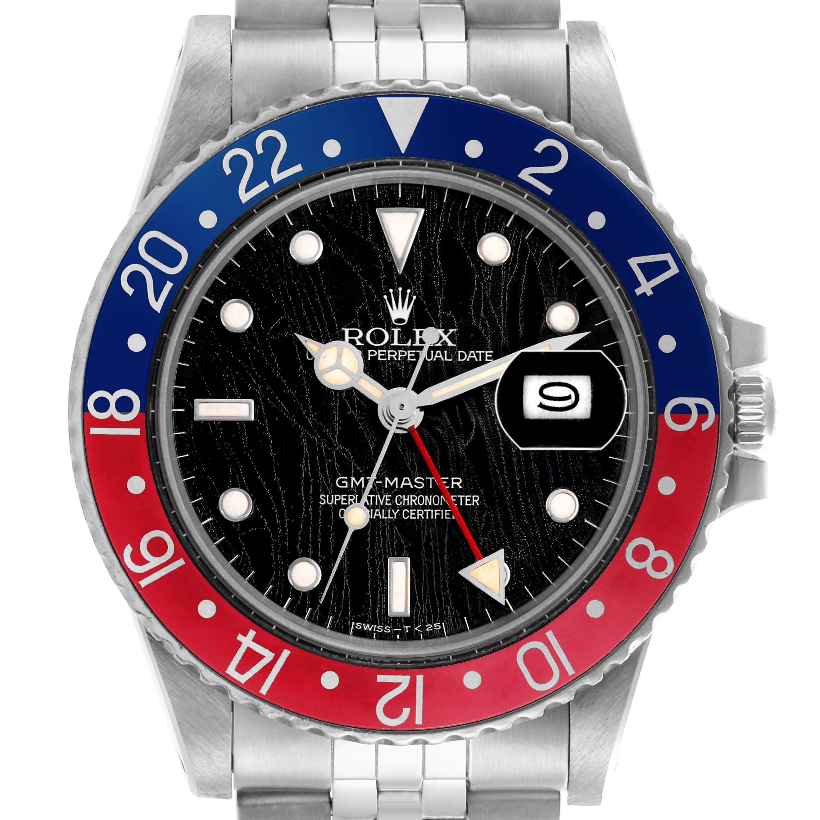 The Rolex GMT-Master 16750 Men
s Stainless Steel Black Dial 16750 Men
s Stainless Steel Black Dial watch is shown from the front, displaying its black dial, red and blue bezel, and date window.