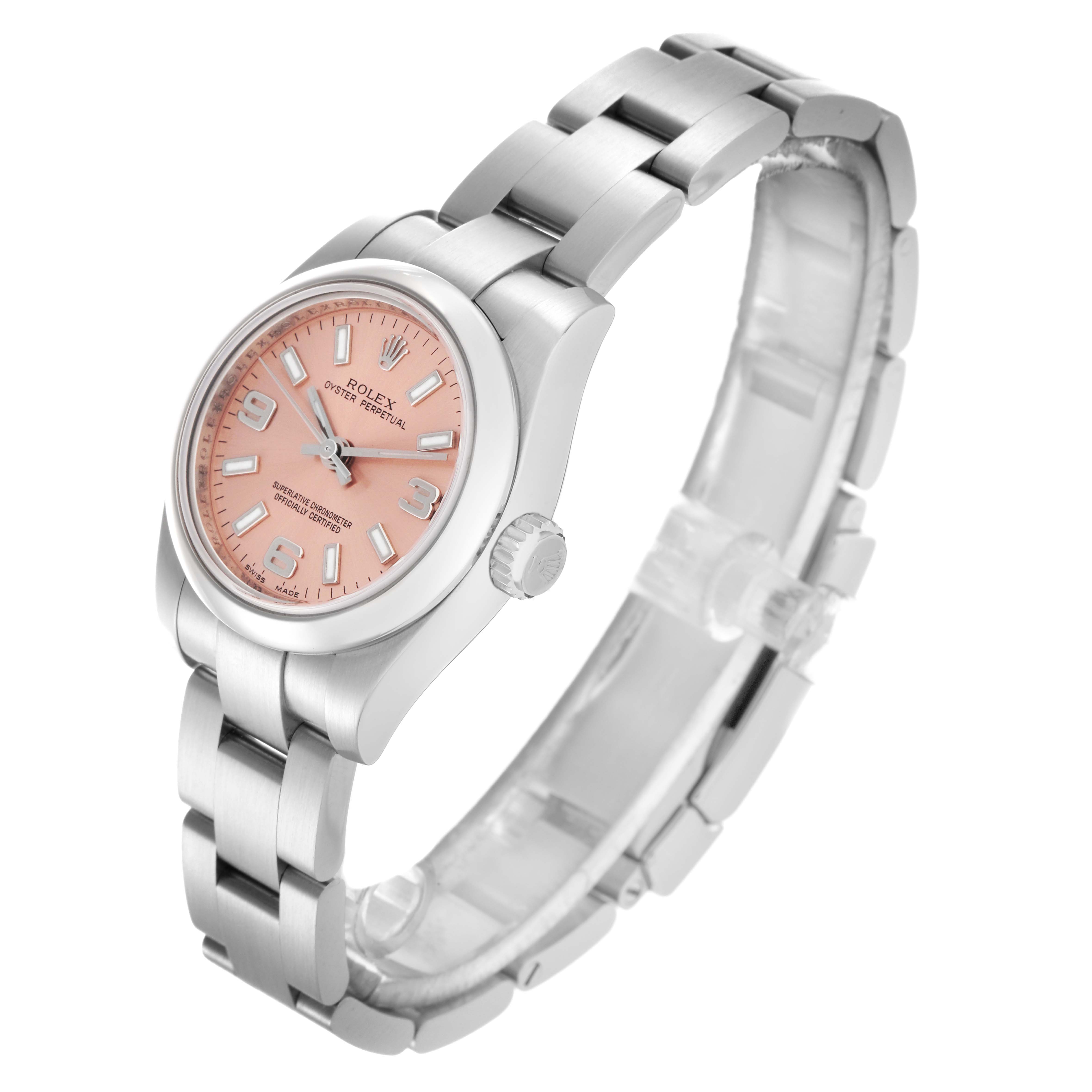 The Rolex Oyster Perpetual 176200 Women's Stainless Steel Pink Dial 176200 Women's Stainless Steel Pink Dial watch is shown from an angled side view, highlighting the face, bezel, crown, and bracelet.