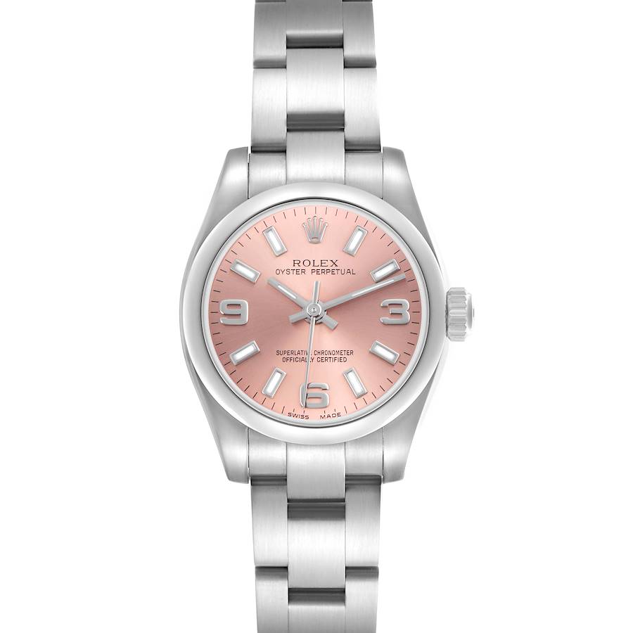 The Rolex Oyster Perpetual watch is shown from a frontal angle, highlighting its dial, bezel, crown, and steel bracelet.