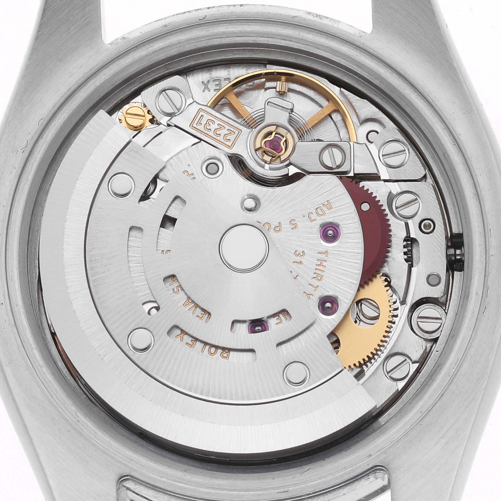 The image shows the inner mechanical movement of a Rolex Oyster Perpetual 176200 Women's Stainless Steel Pink Dial 176200 Women's Stainless Steel Pink Dial watch from the back view, highlighting gears and components.